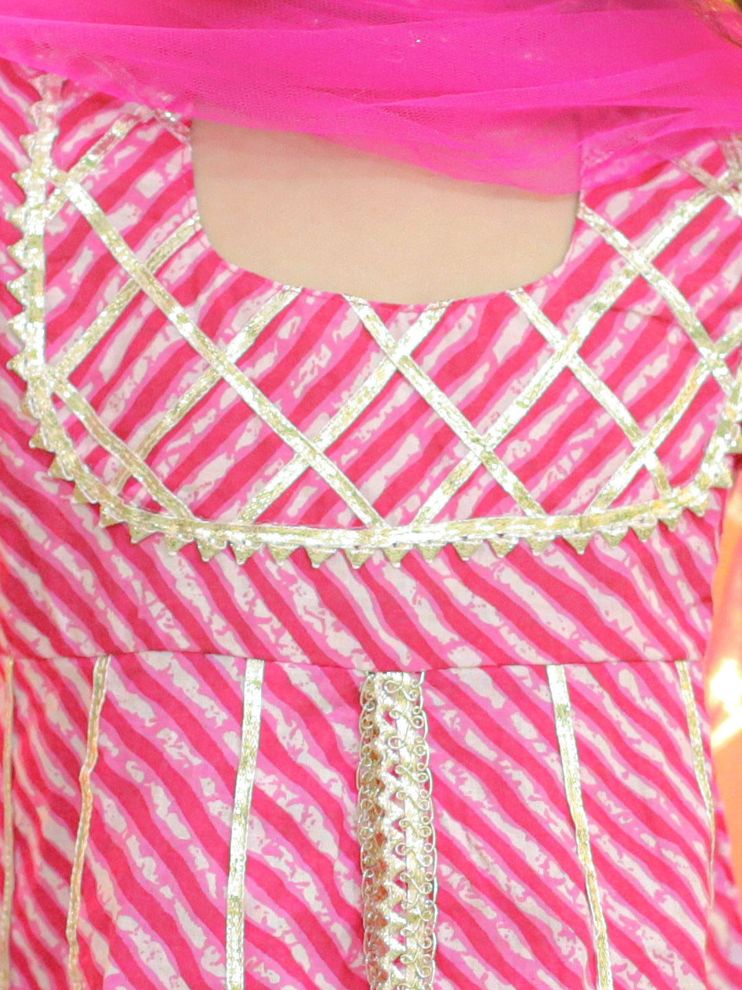 Girl's Pink Pure Cotton Printed Kurta Sharara With Dupatta - BOWNBEE