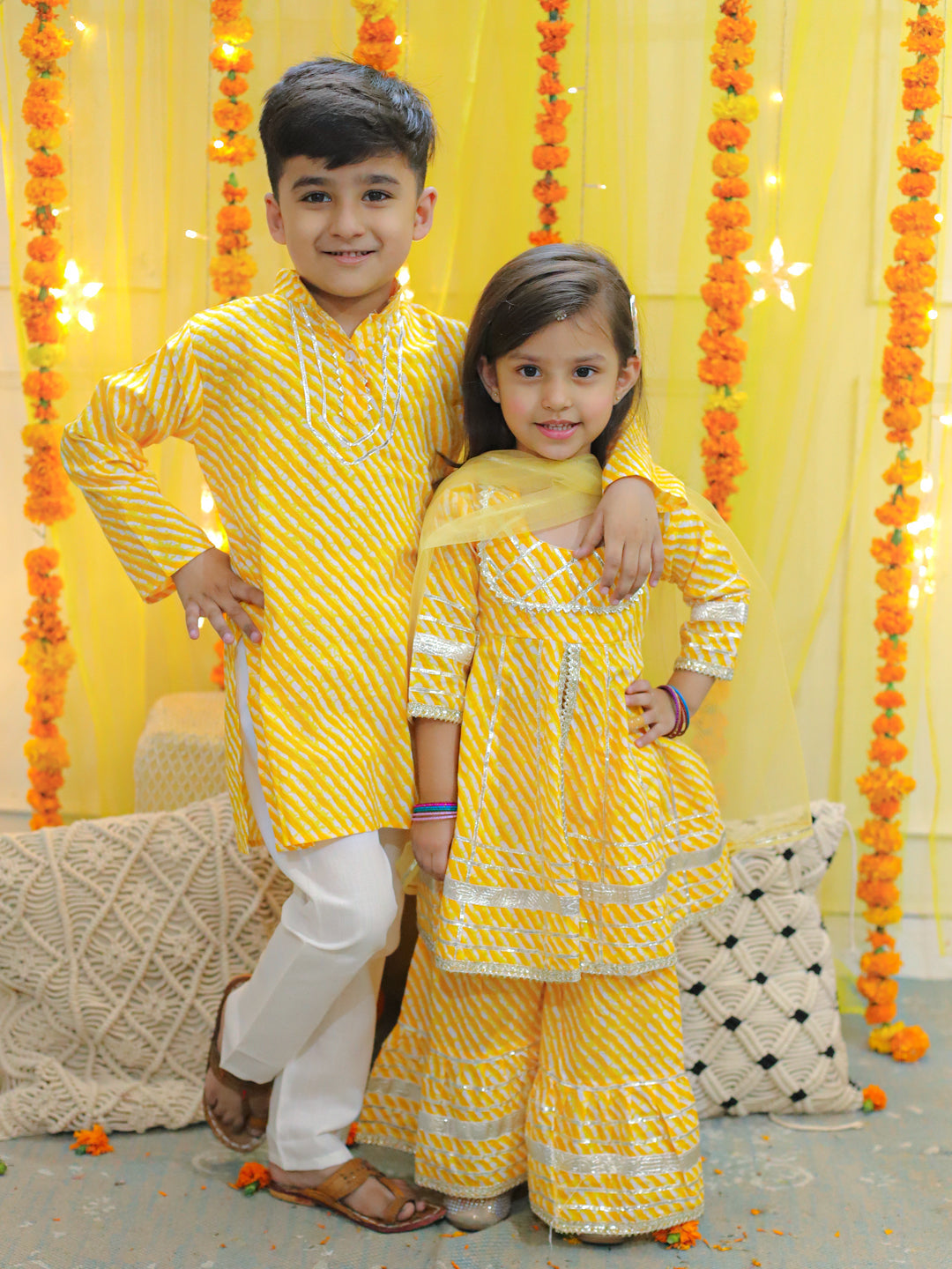 Girl's Yellow Pure Cotton Printed Kurta Sharara With Dupatta - BOWNBEE