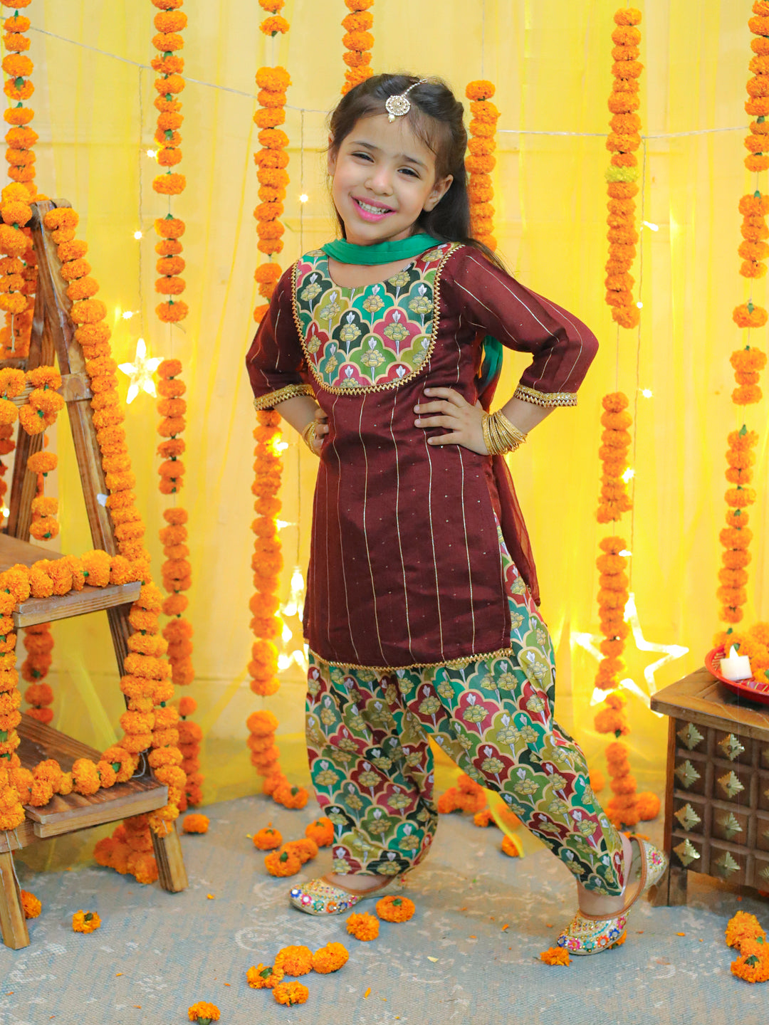 Girl's Maroon Ethic Traditional Indian Festive Chanderi Kurta With Printed Salwar And Dupatta - BOWNBEE