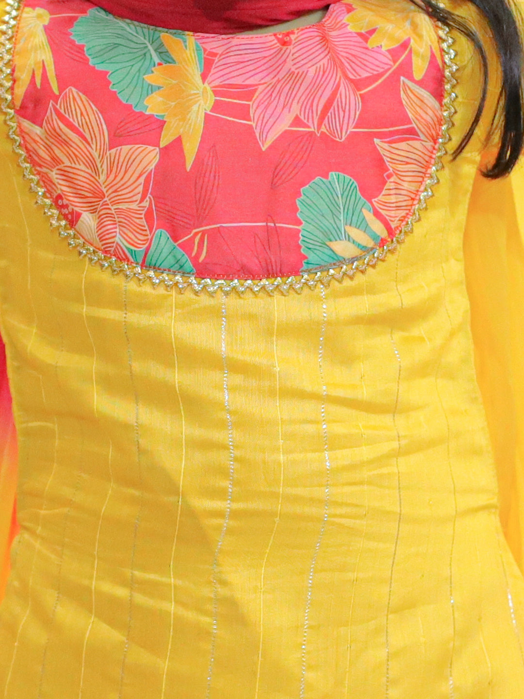 Girl's Yellow Ethic Traditional Indian Festive Chanderi Kurta With Printed Salwar And Dupatta - BOWNBEE