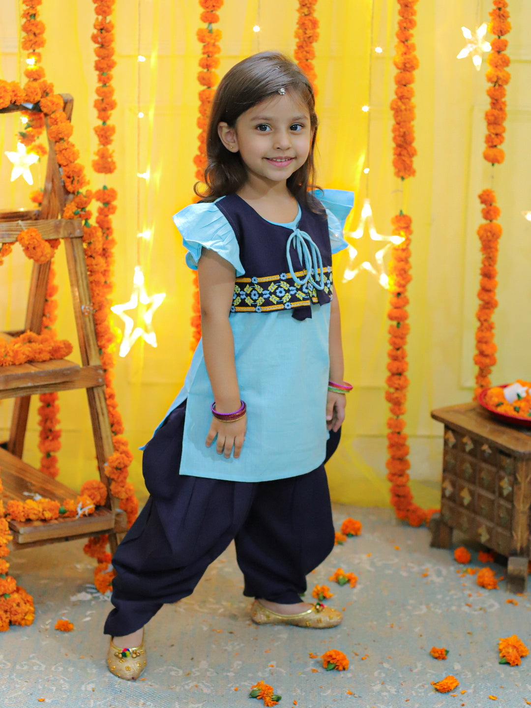 Girl's Blue Embroidered Jacket With Cotton Kurti Dhoti - BOWNBEE