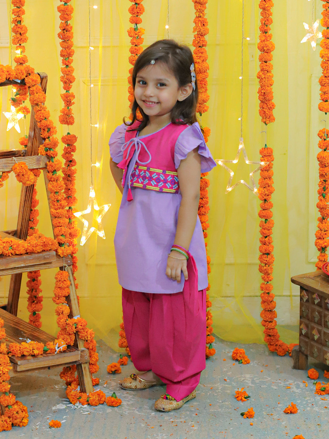 Girl's Pink Embroidered Jacket With Cotton Kurti Dhoti - BOWNBEE
