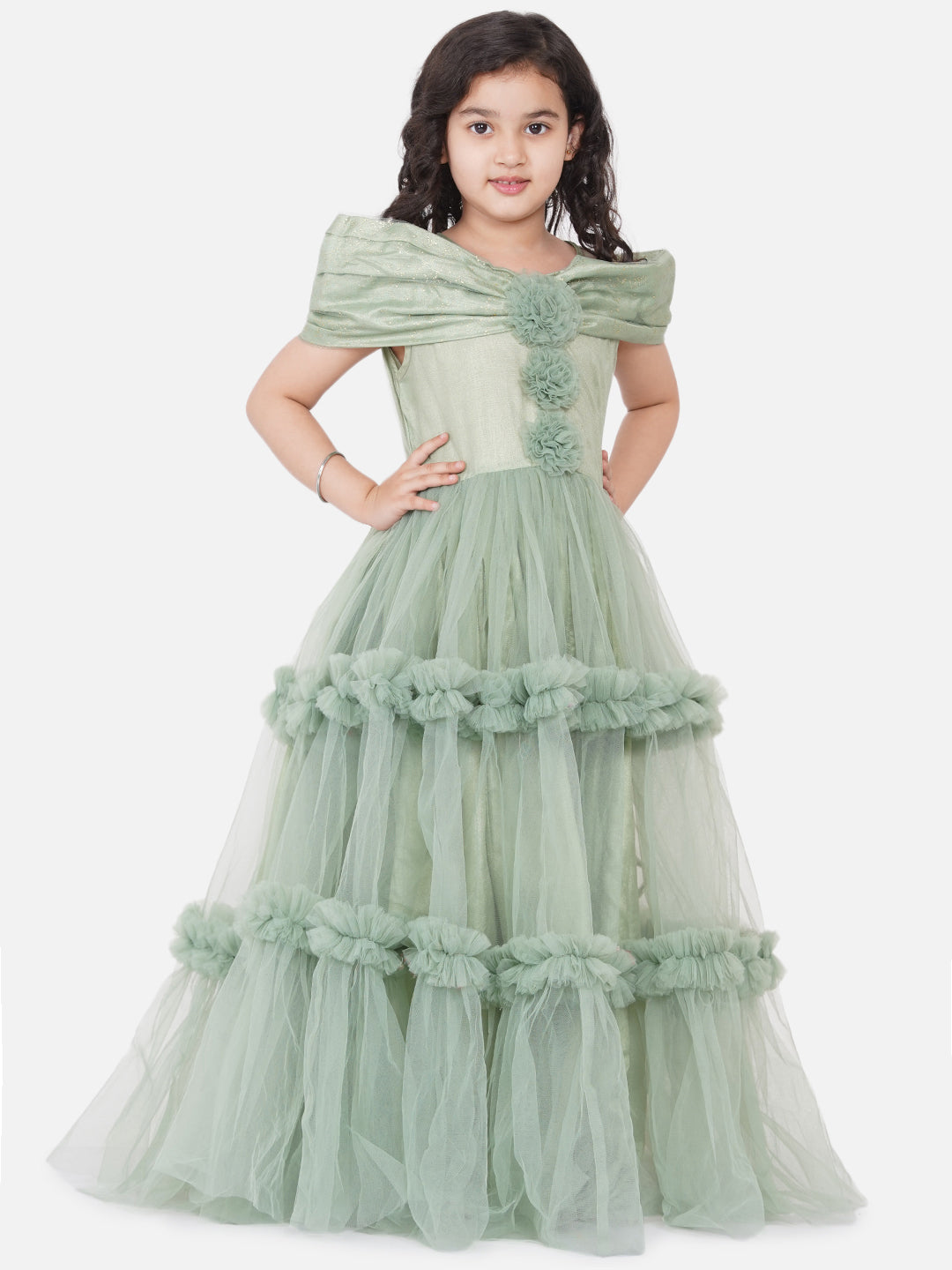 Girl's Green Embellished Net Fit & Flare Dress - Bitiya By Bhama