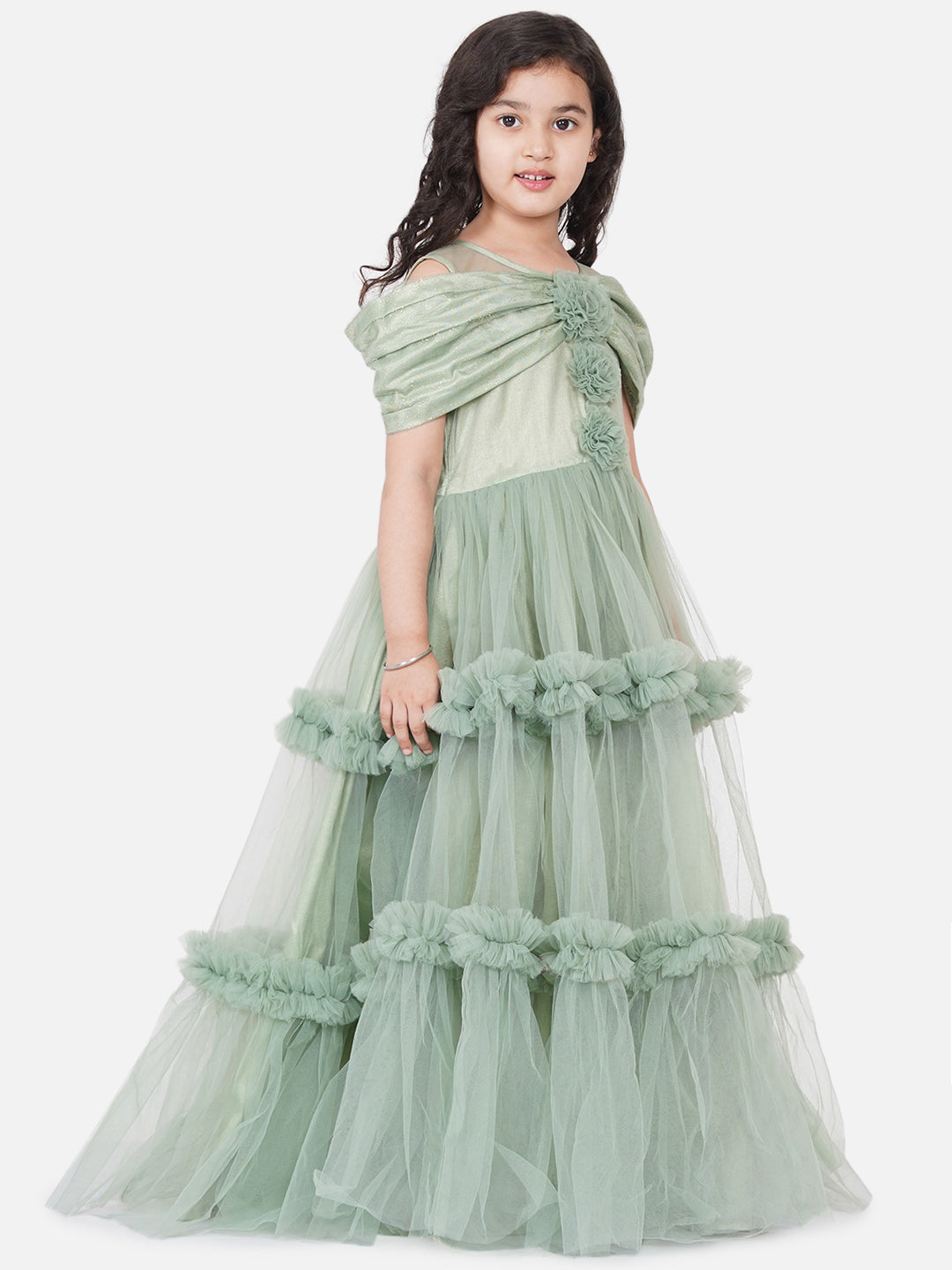 Girl's Green Embellished Net Fit & Flare Dress - Bitiya By Bhama