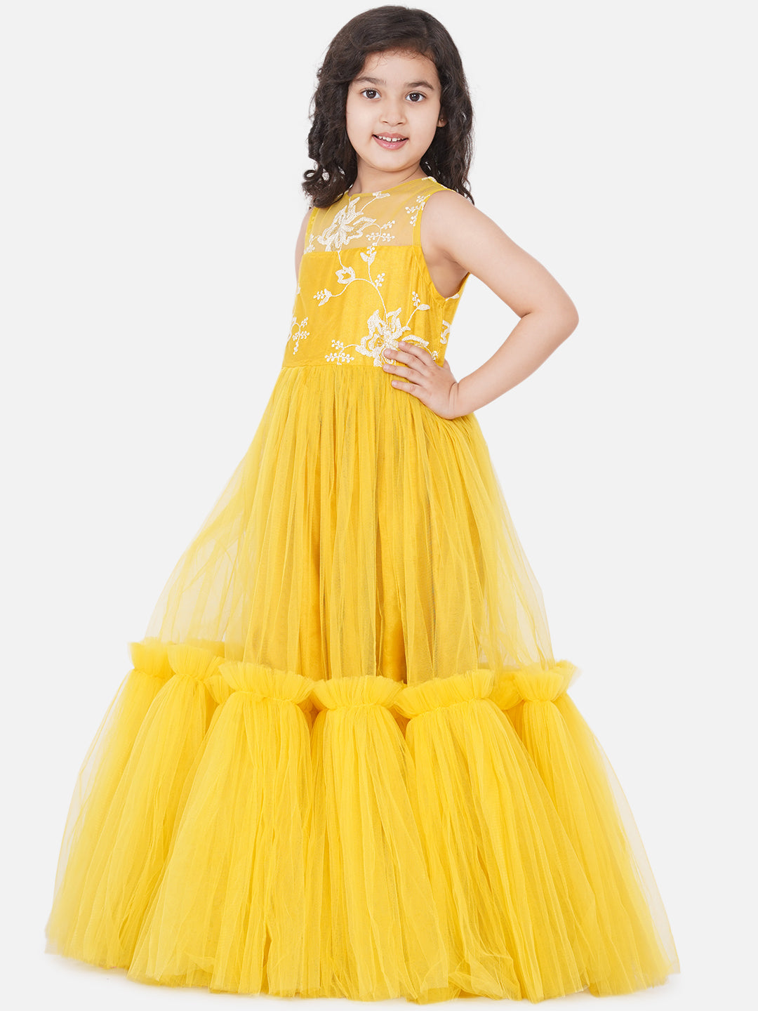 Girl's Yellow Net Embroidered Gown Dress. - Bitiya By Bhama