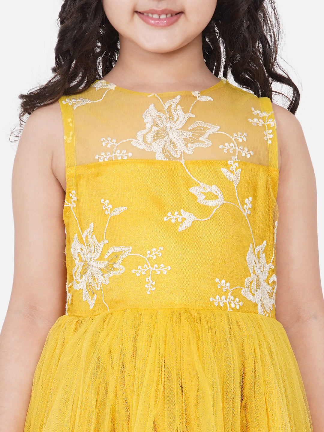 Girl's Yellow Net Embroidered Gown Dress. - Bitiya By Bhama