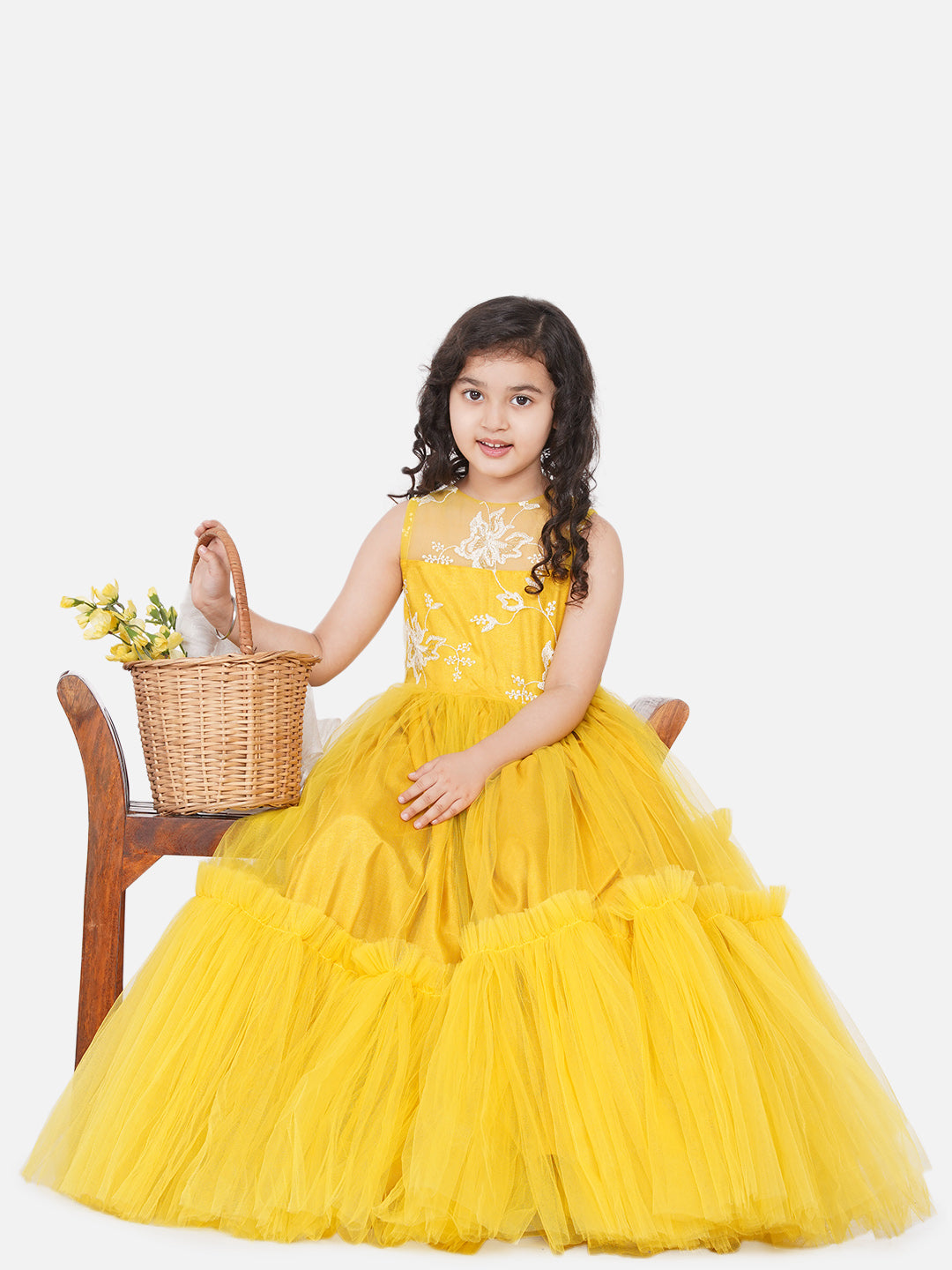 Girl's Yellow Net Embroidered Gown Dress. - Bitiya By Bhama