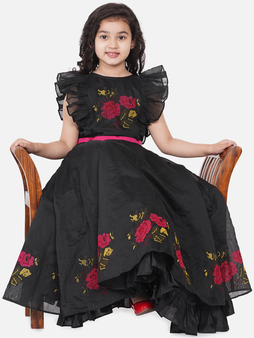 Girl's Black Chanderi Flower Embroidered Party Gown - Bitiya By Bhama