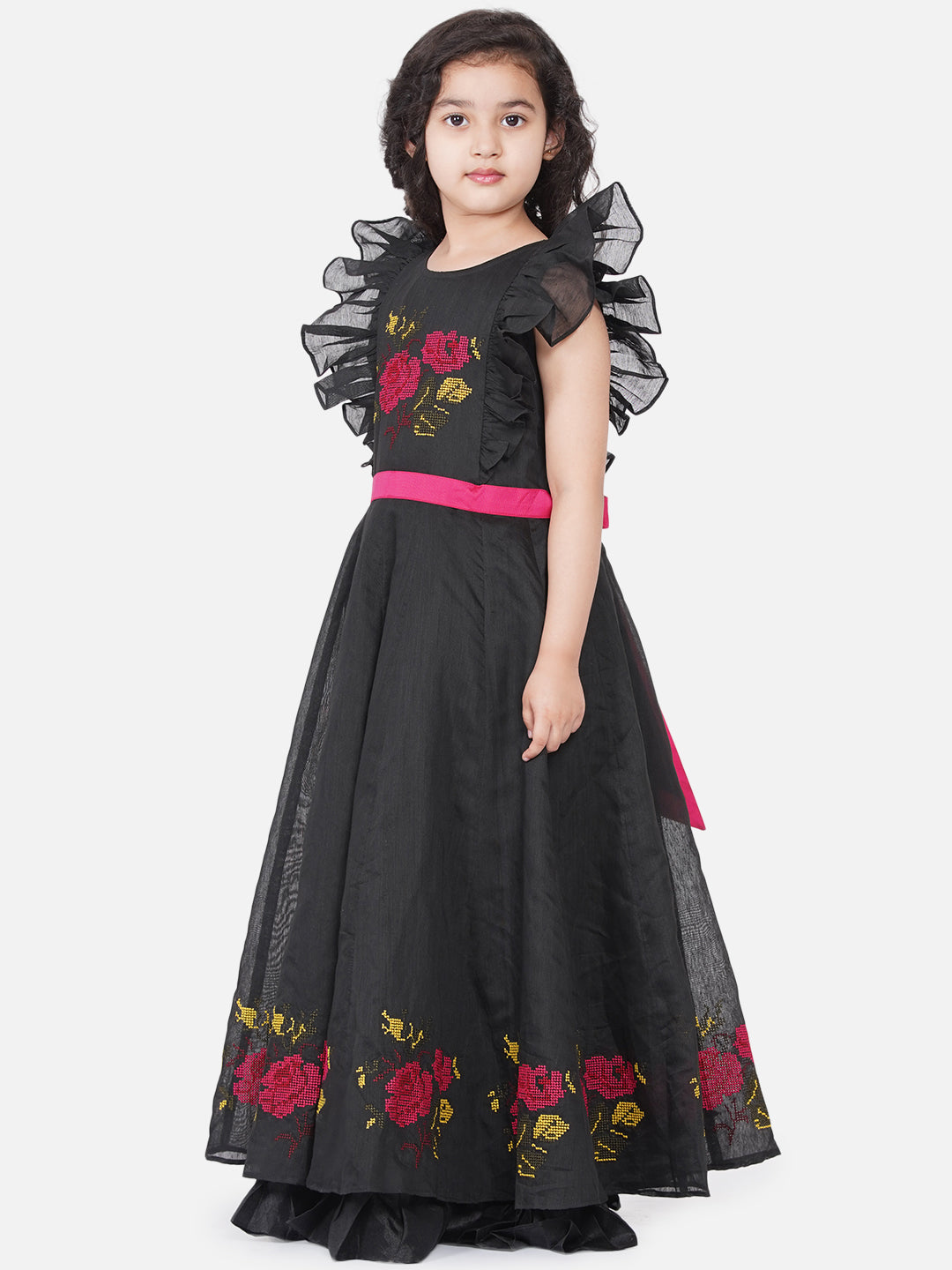 Girl's Black Chanderi Flower Embroidered Party Gown - Bitiya By Bhama