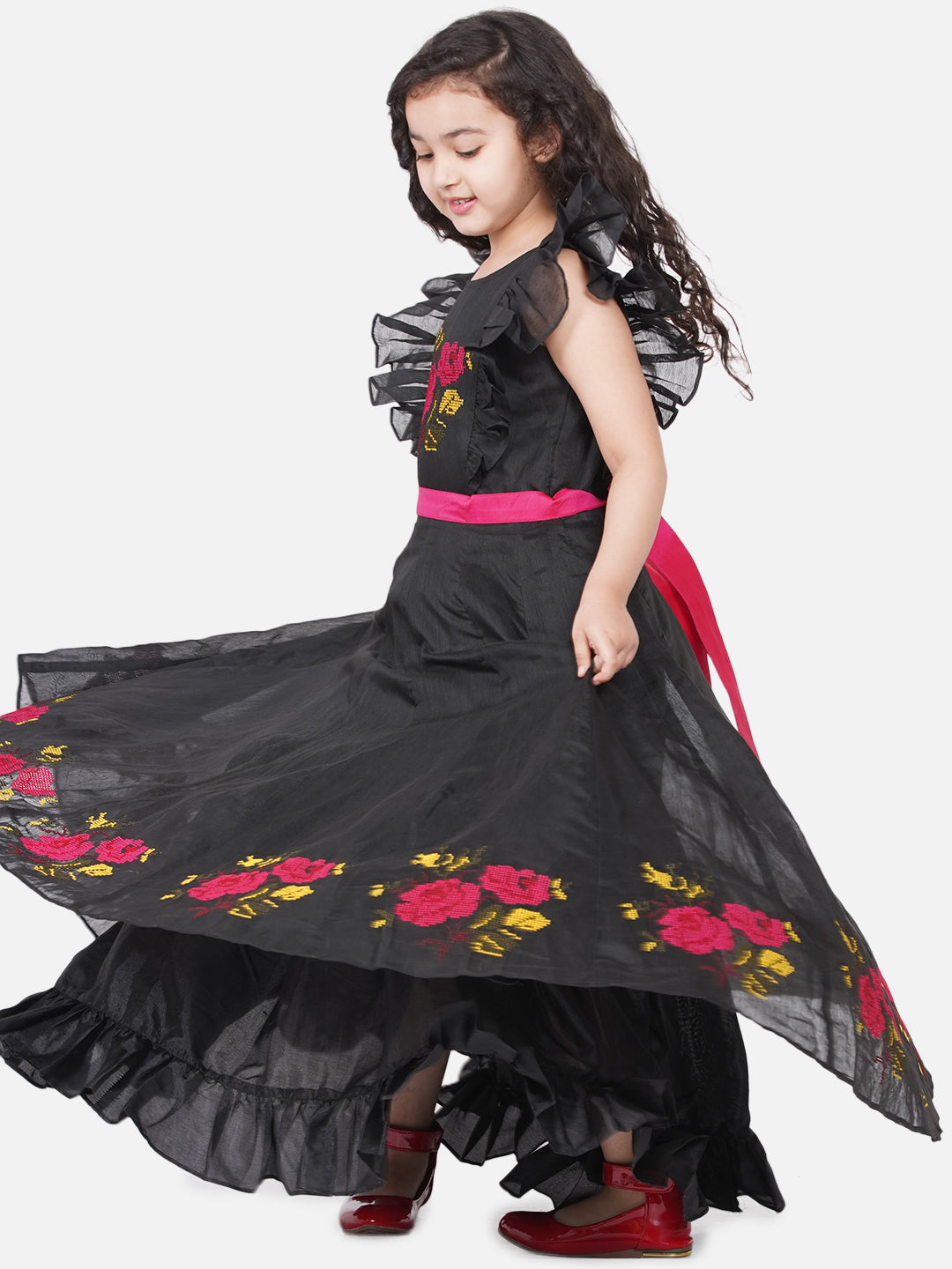 Girl's Black Chanderi Flower Embroidered Party Gown - Bitiya By Bhama