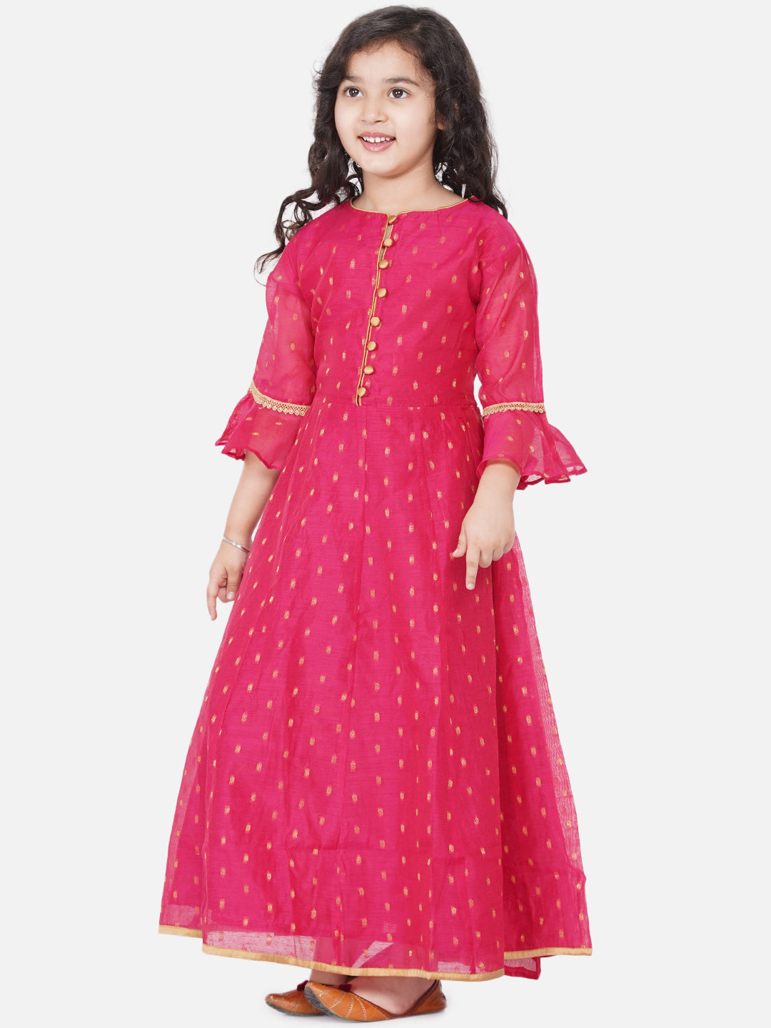 Girl's Pink Bell Sleeves Ethnic Maxi Dress - Bitiya By Bhama