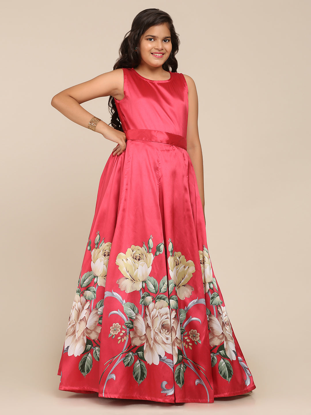 Girl's Coral Pink Digital Print Gown - Bitiya By Bhama