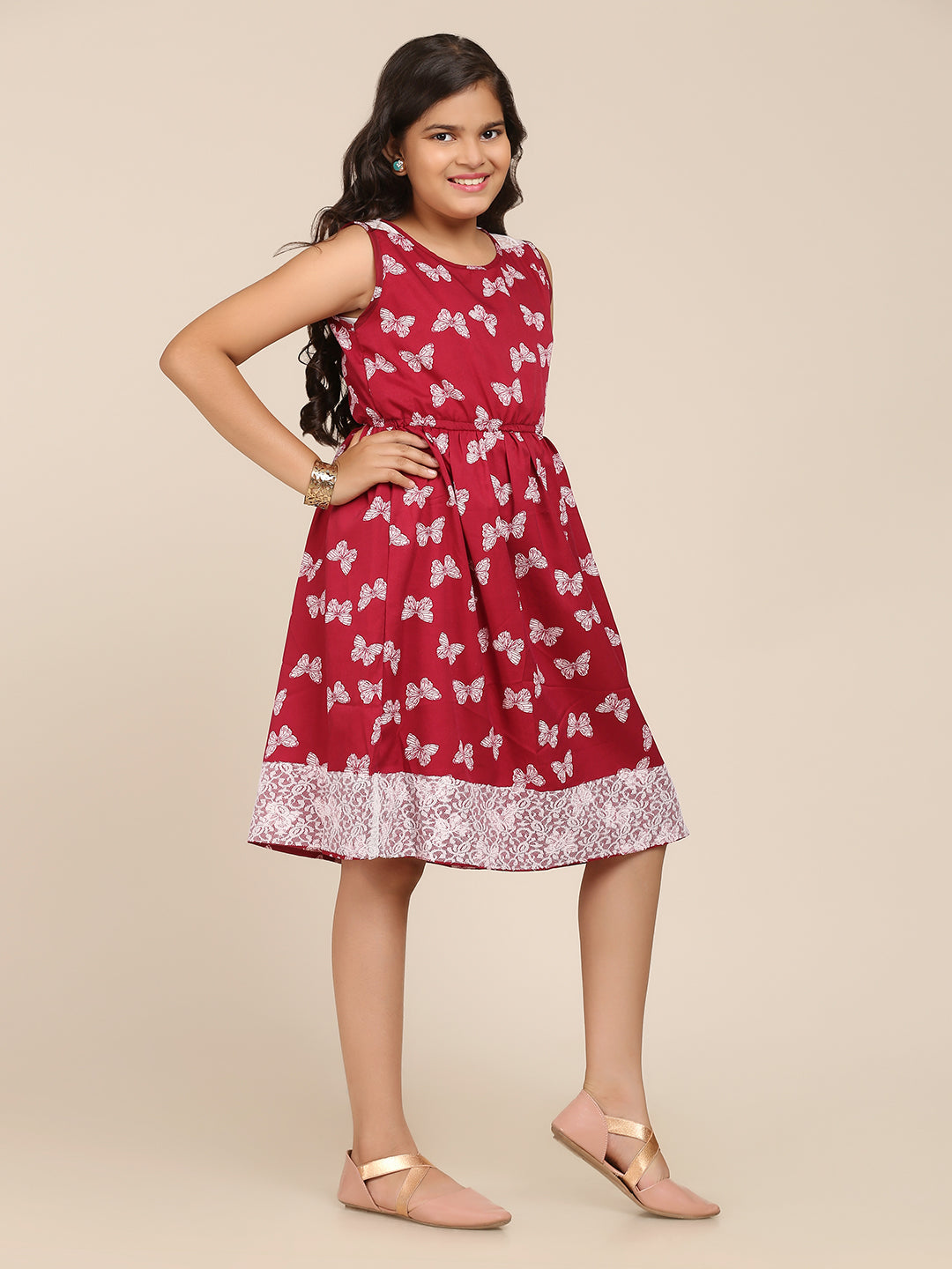 Girl's Maroon Digital Print Dress - Bitiya By Bhama