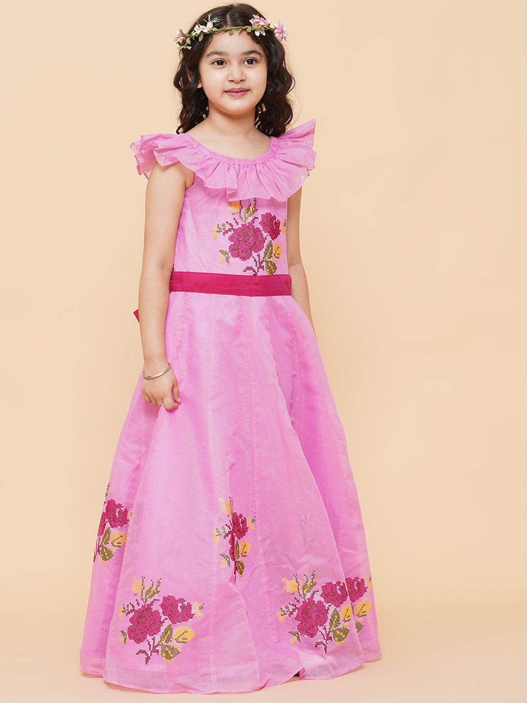 Girl's Pink Floral Embroidered Fit & Flared Dress - Bitiya By Bhama