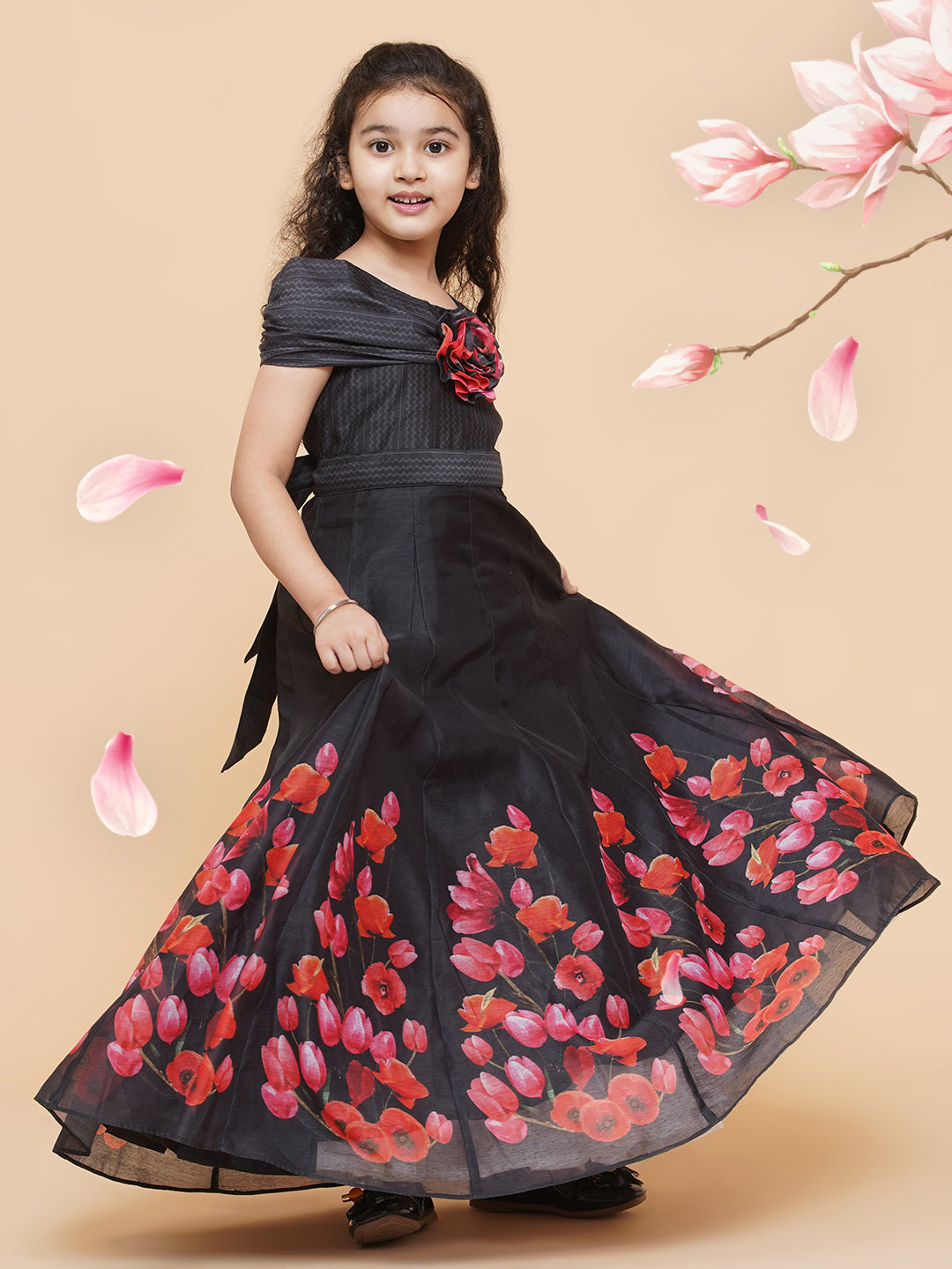 Girl's Black Chnaderi Tulip Digital Print Fit & Flared Dress - Bitiya By Bhama