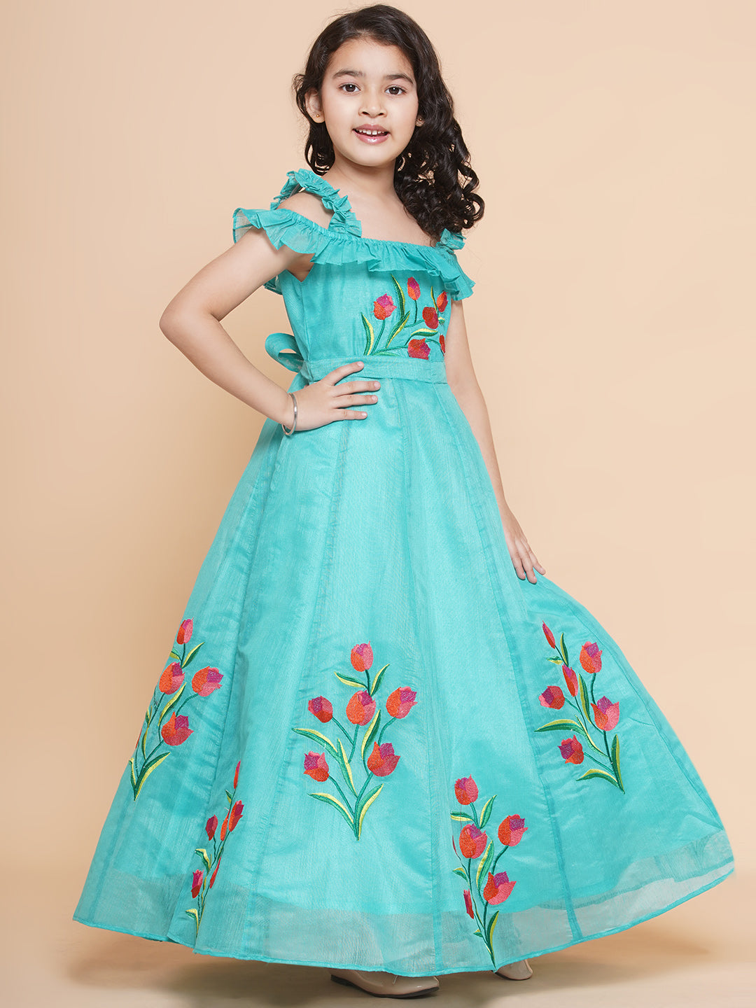 Girl's Sea Green Floral Embroidered Maxi Dress - Bitiya By Bhama