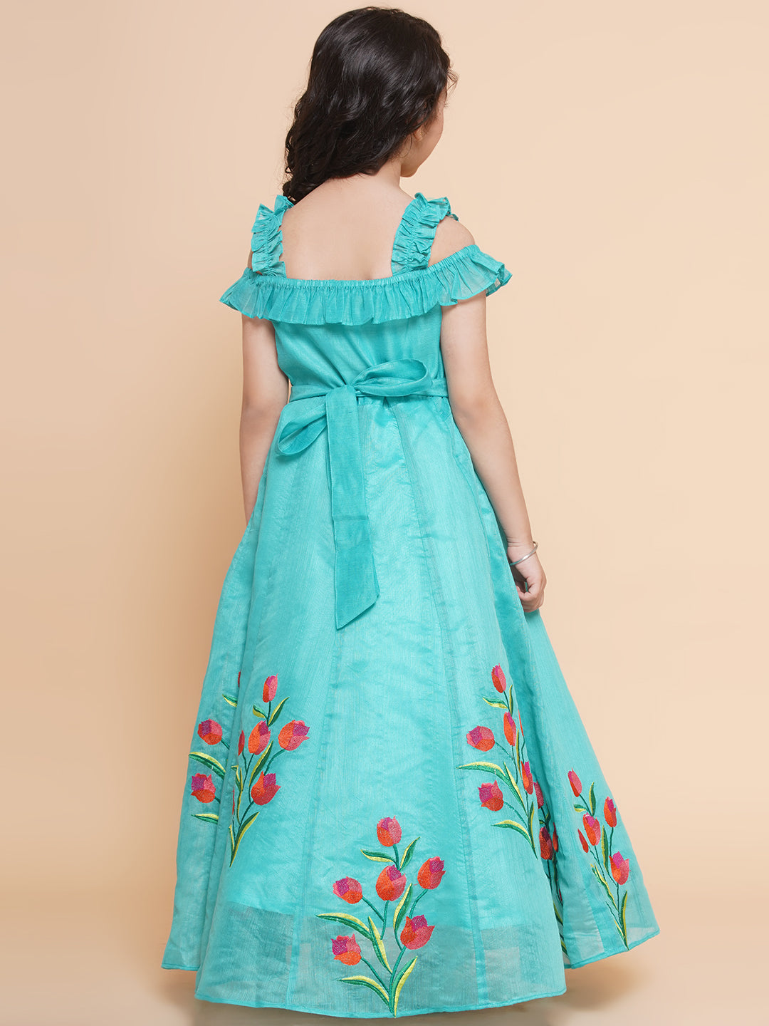 Girl's Sea Green Floral Embroidered Maxi Dress - Bitiya By Bhama