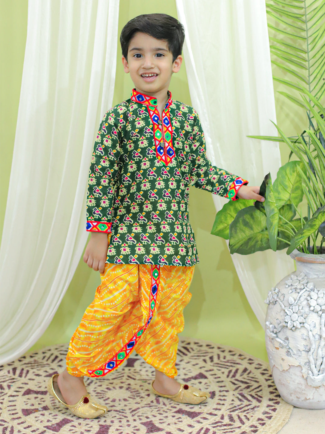 Boy's Green Cotton Dhoti Sets - Bownbee