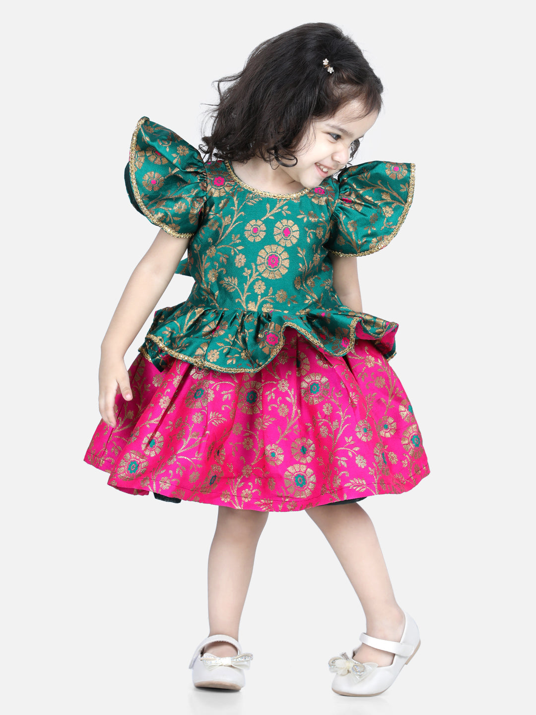 Girl's Green Color Jacquard Ruffle Sleeve Frock Party Dress - NOZ2TOZ KIDS