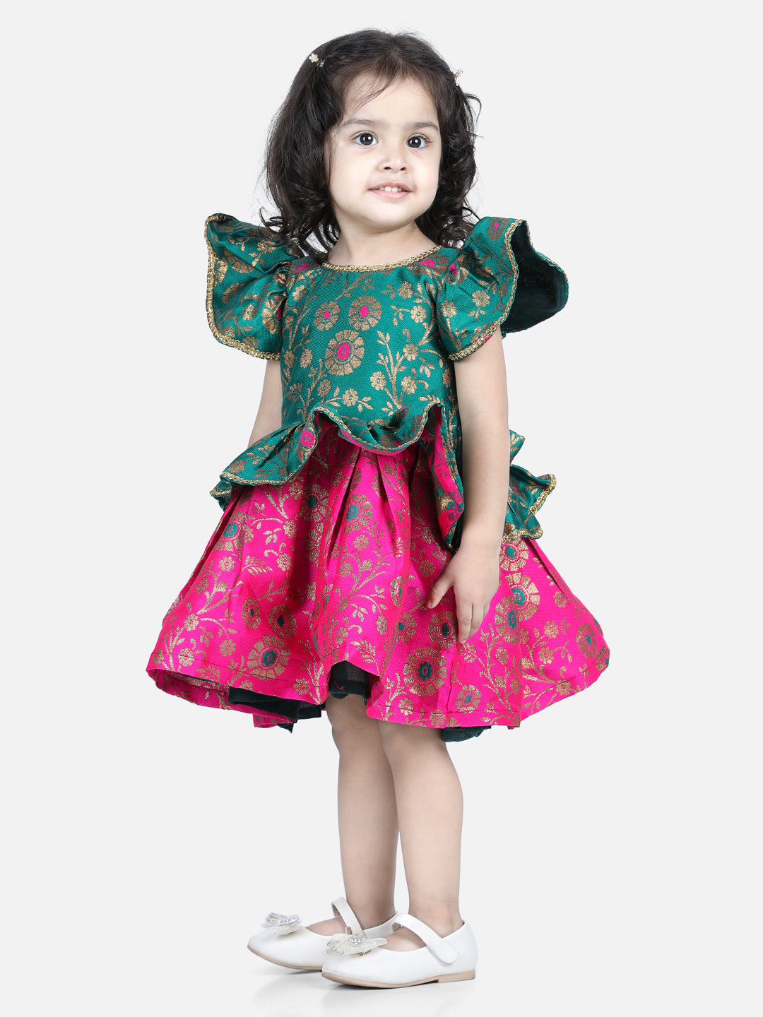 Girl's Green Color Jacquard Ruffle Sleeve Frock Party Dress - NOZ2TOZ KIDS