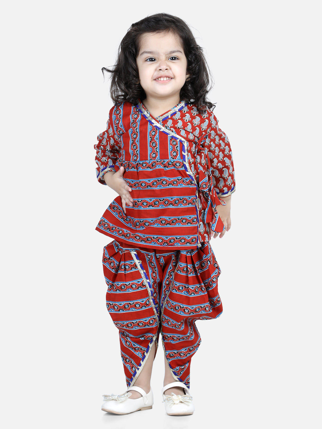 Girl's Cotton Red Dhoti Sets - Bownbee
