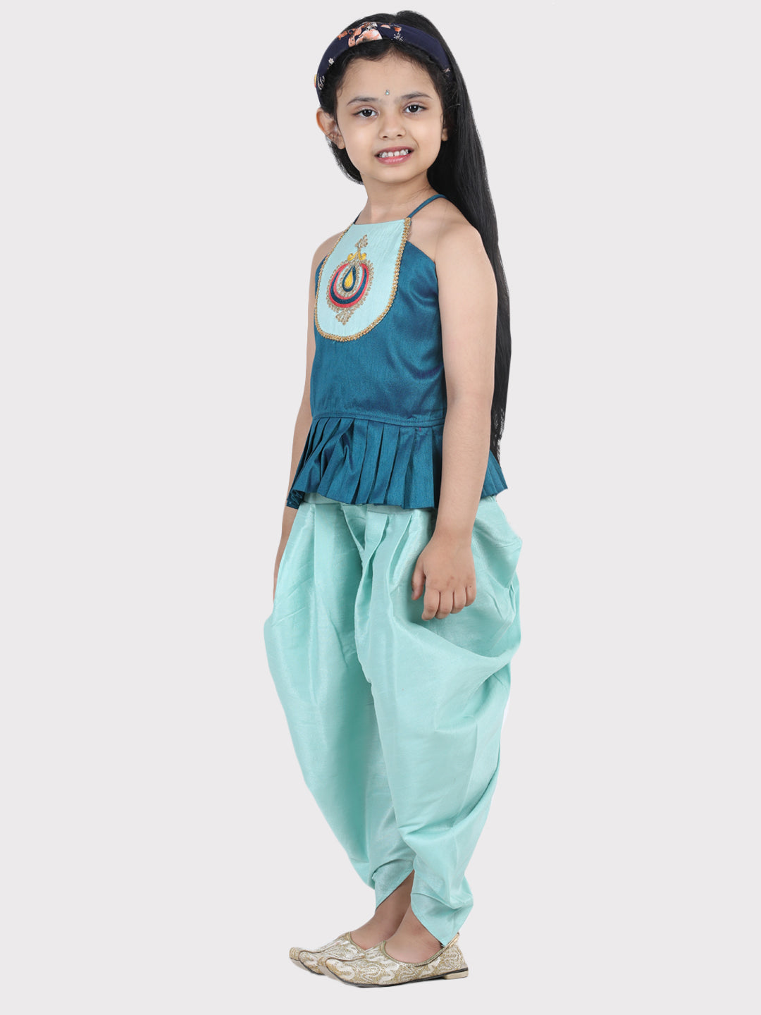 Girl's Blue Color Hand Embroidered Grecian Neck Top Dhoti  - NOZ2TOZ KIDS