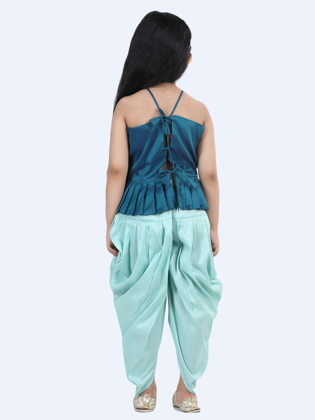 Girl's Blue Color Hand Embroidered Grecian Neck Top Dhoti  - NOZ2TOZ KIDS