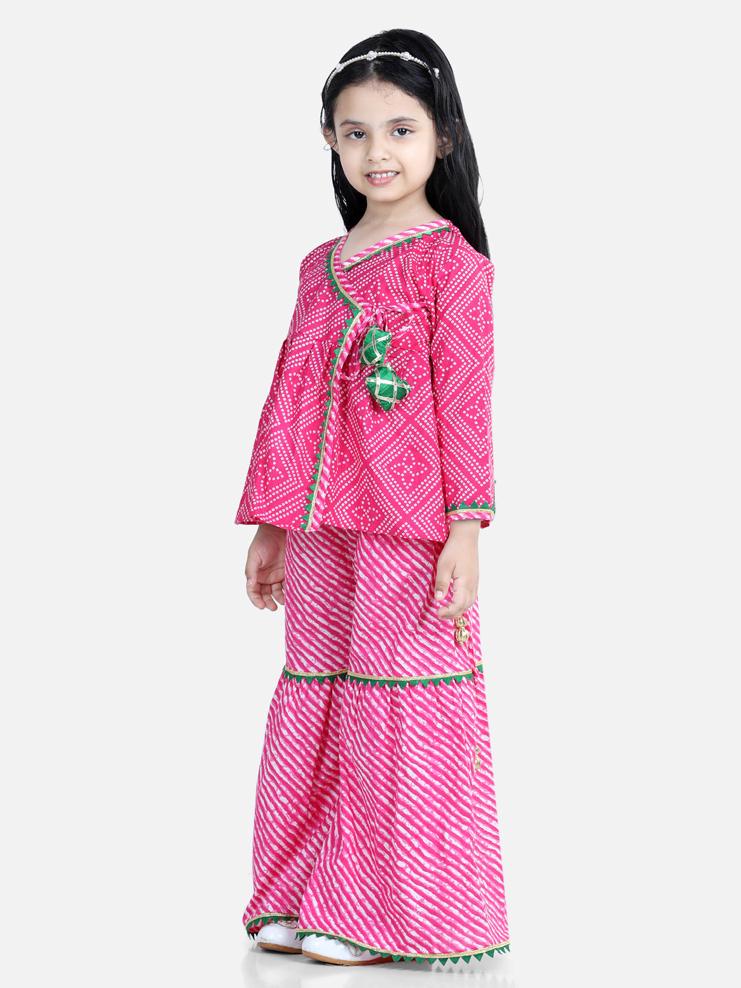 Girl's Pink Color Block Print Cotton Angrakha with Sharara - NOZ2TOZ KIDS
