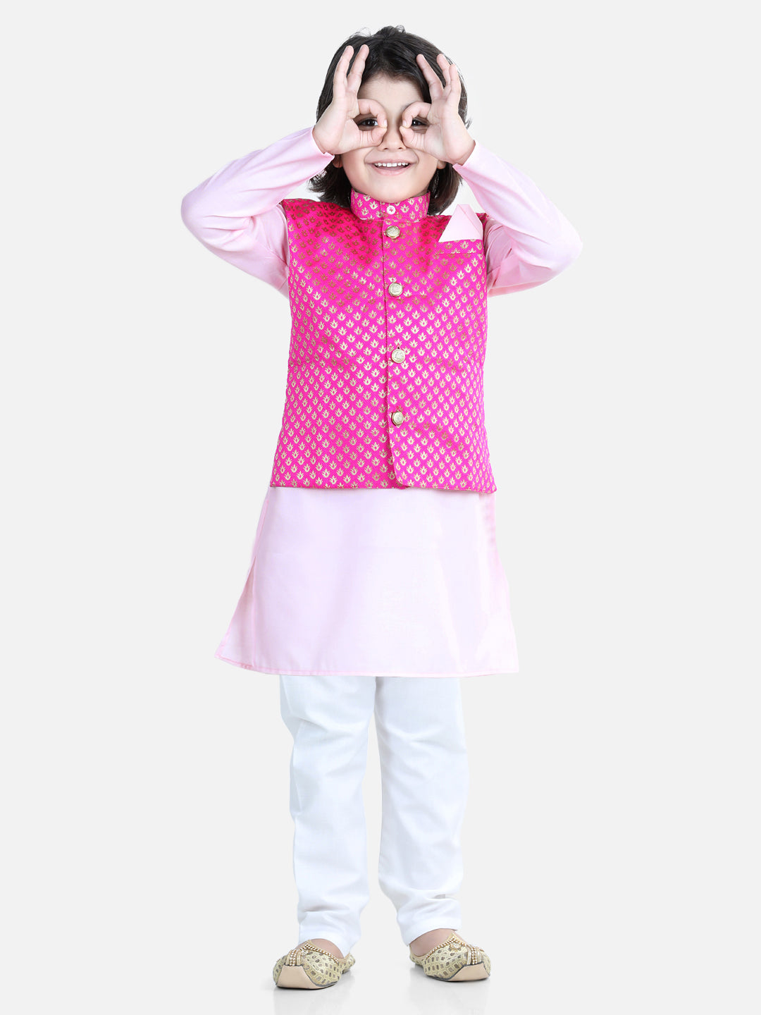 Boy's Baby Pink Color Attached Jacquard Jacket Kurta Pajama  - NOZ2TOZ KIDS