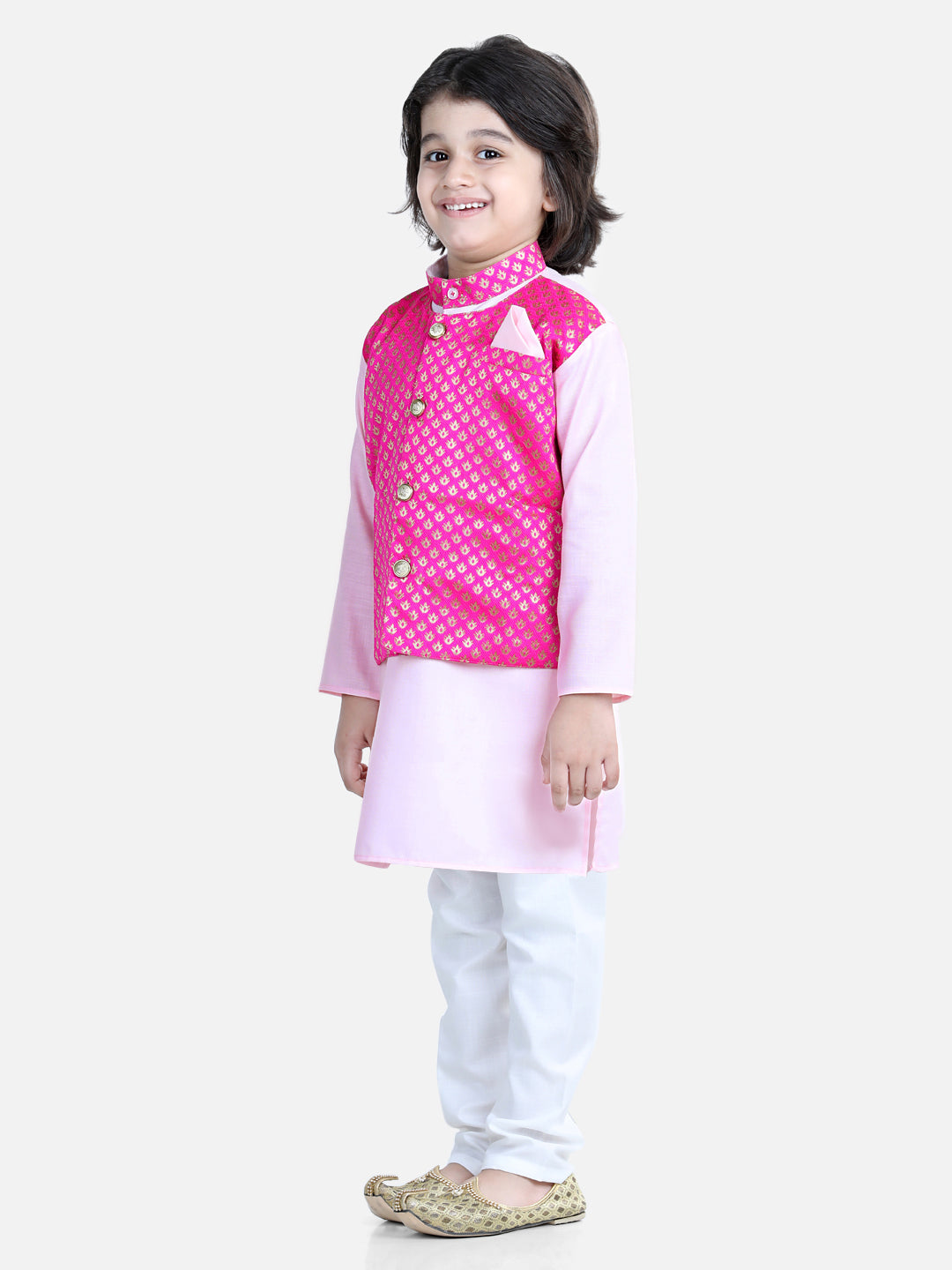 Boy's Baby Pink Color Attached Jacquard Jacket Kurta Pajama  - NOZ2TOZ KIDS