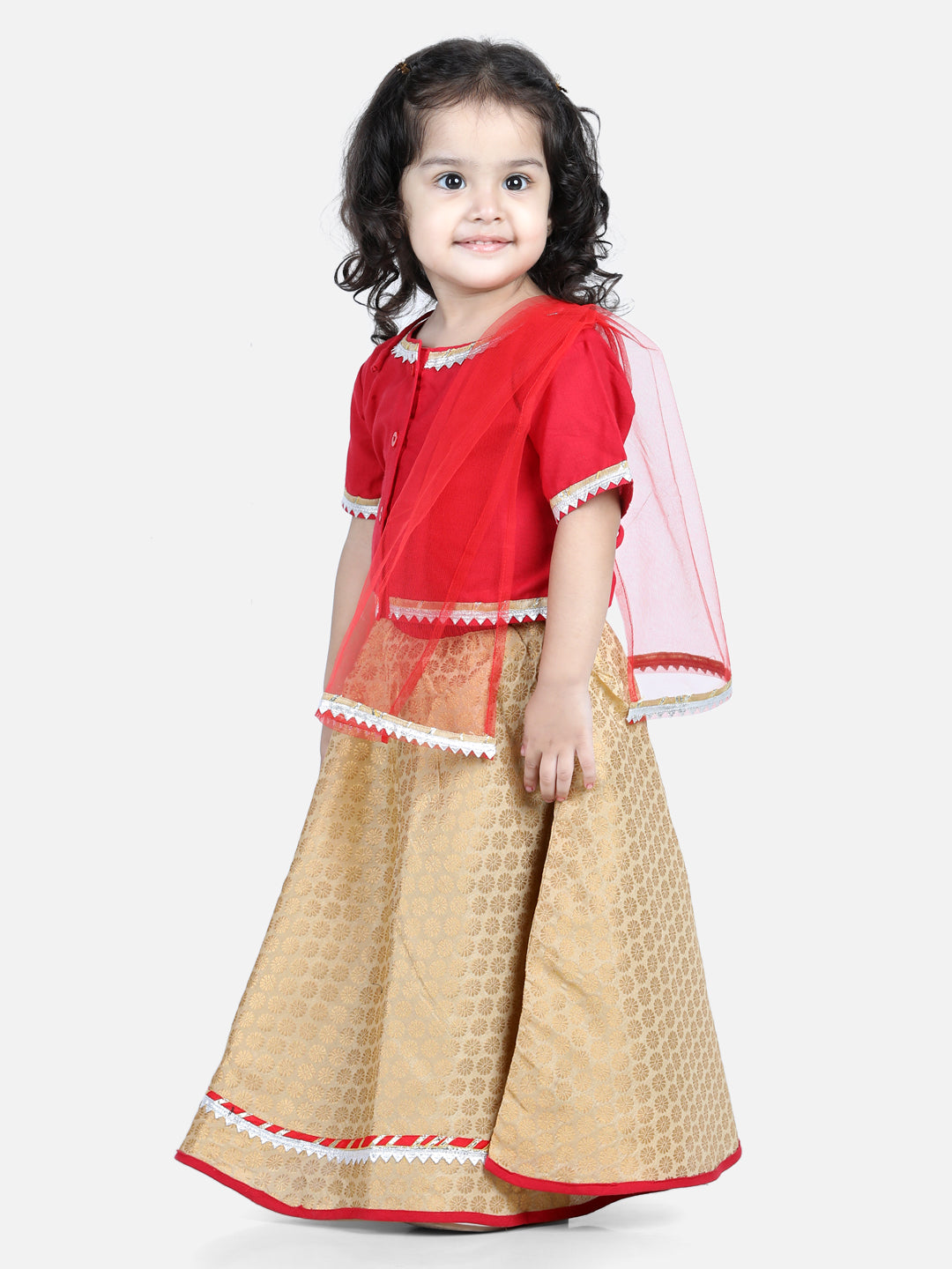 Girl's Red Color Front Open Cotton Top with Jacquard Lehenga  - NOZ2TOZ KIDS