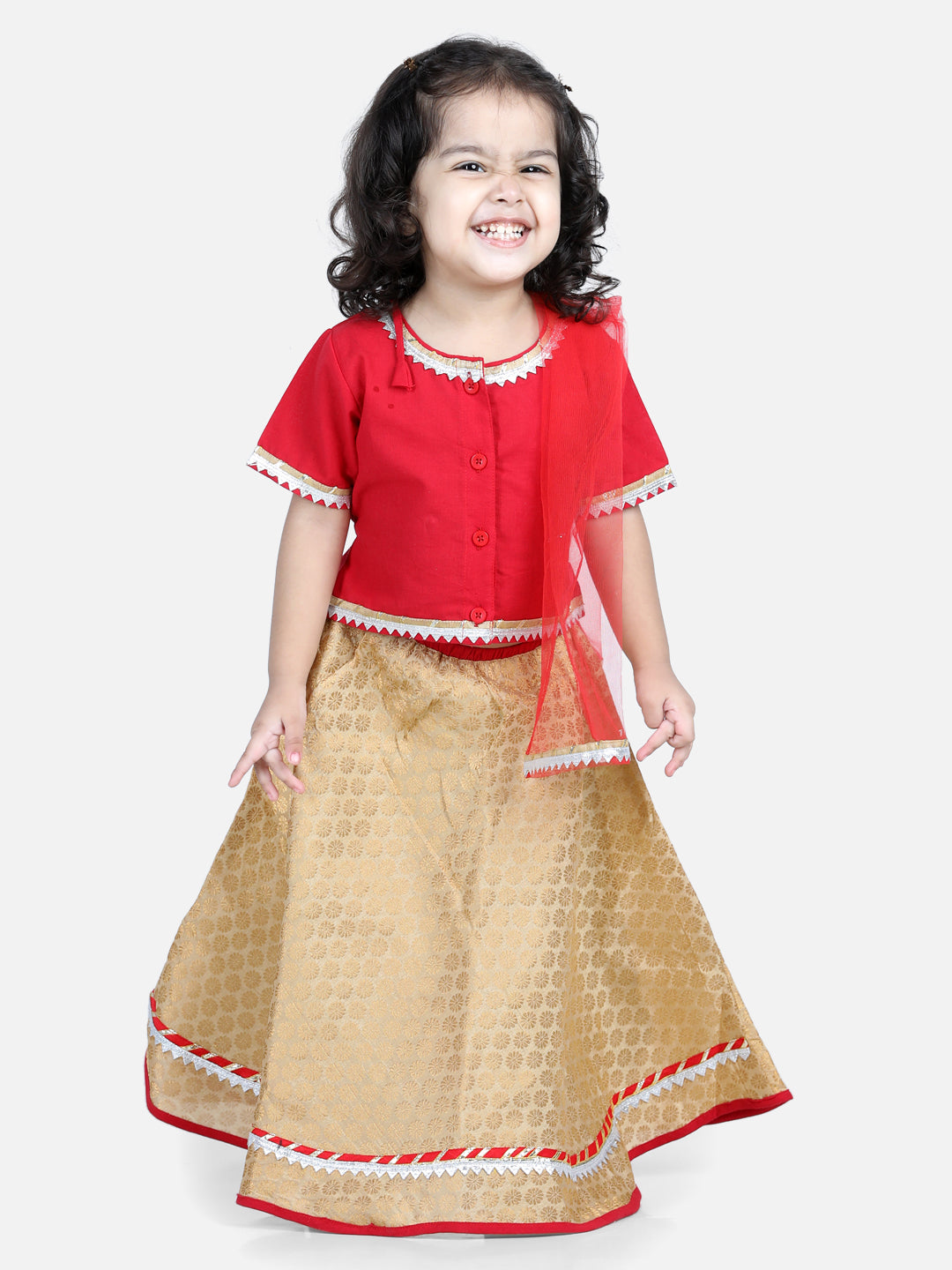 Girl's Red Color Front Open Cotton Top with Jacquard Lehenga  - NOZ2TOZ KIDS