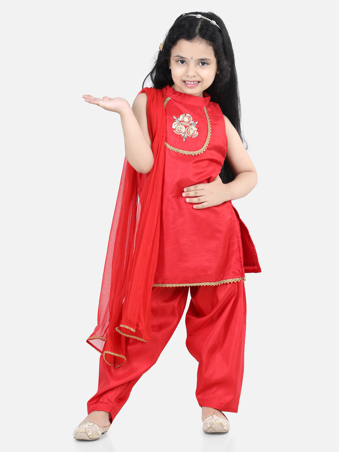 Girl's Red Color Hand Embroidered Silk Kurti Salwar - NOZ2TOZ KIDS