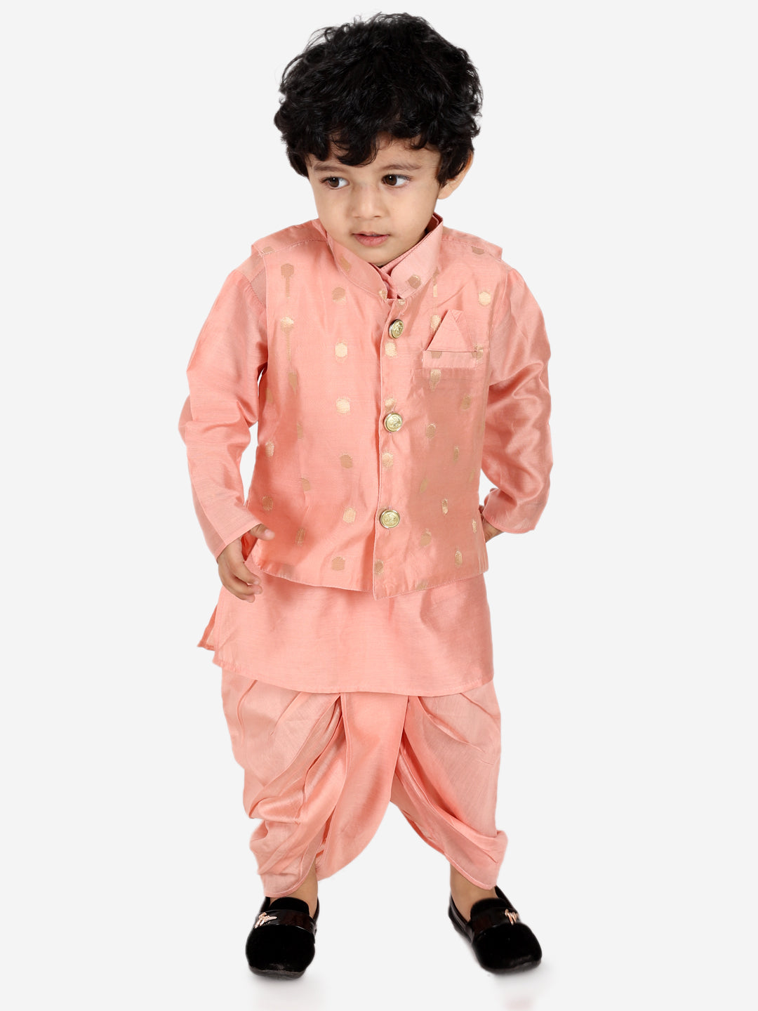 Boy's Peach Silk Dhoti Sets - Bownbee