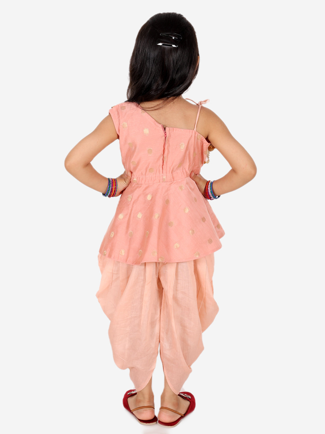 Girl's Silk Peach Dhoti Sets - Bownbee