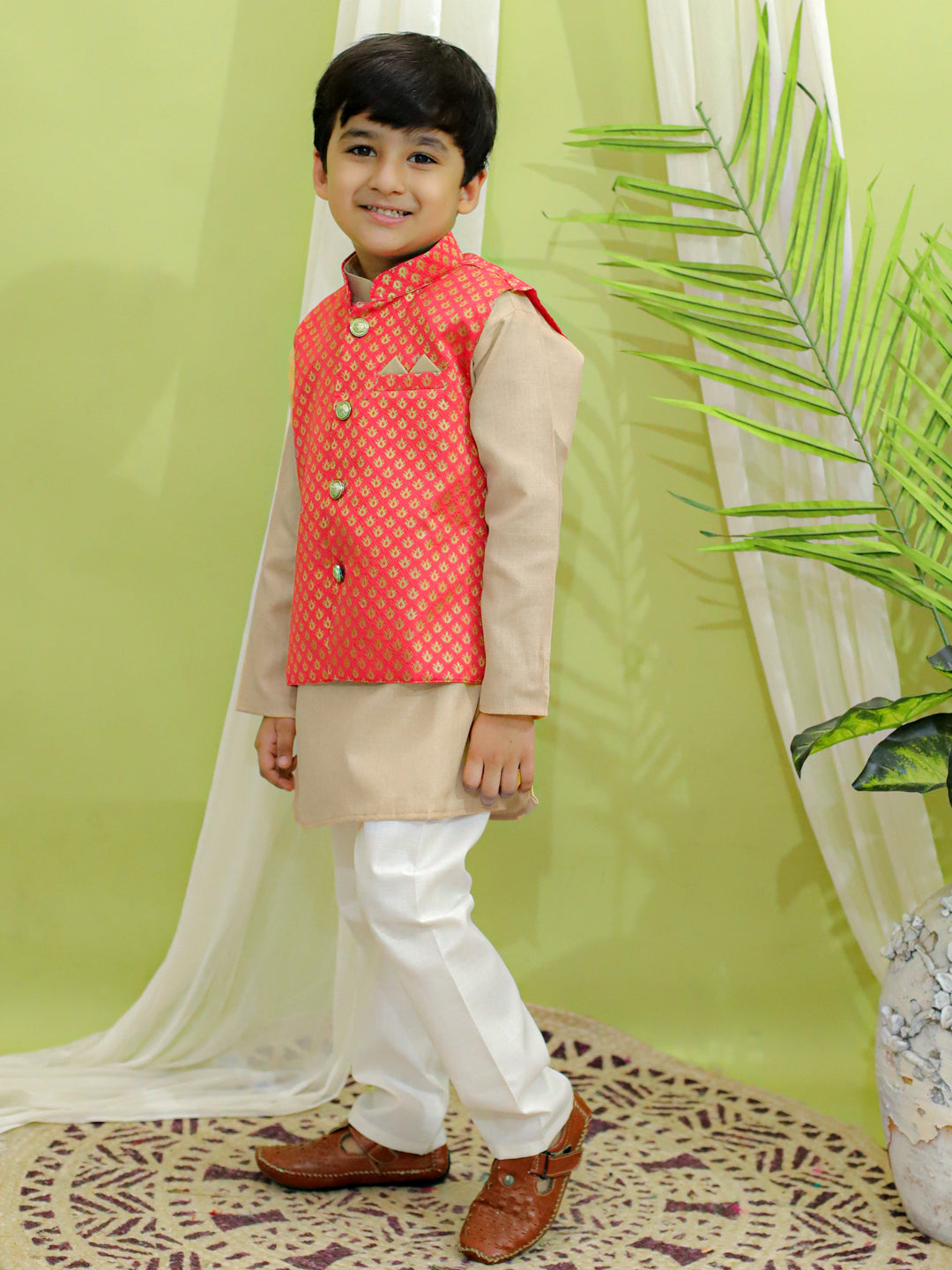 Boy's Coral Silk Kurta Sets - Bownbee