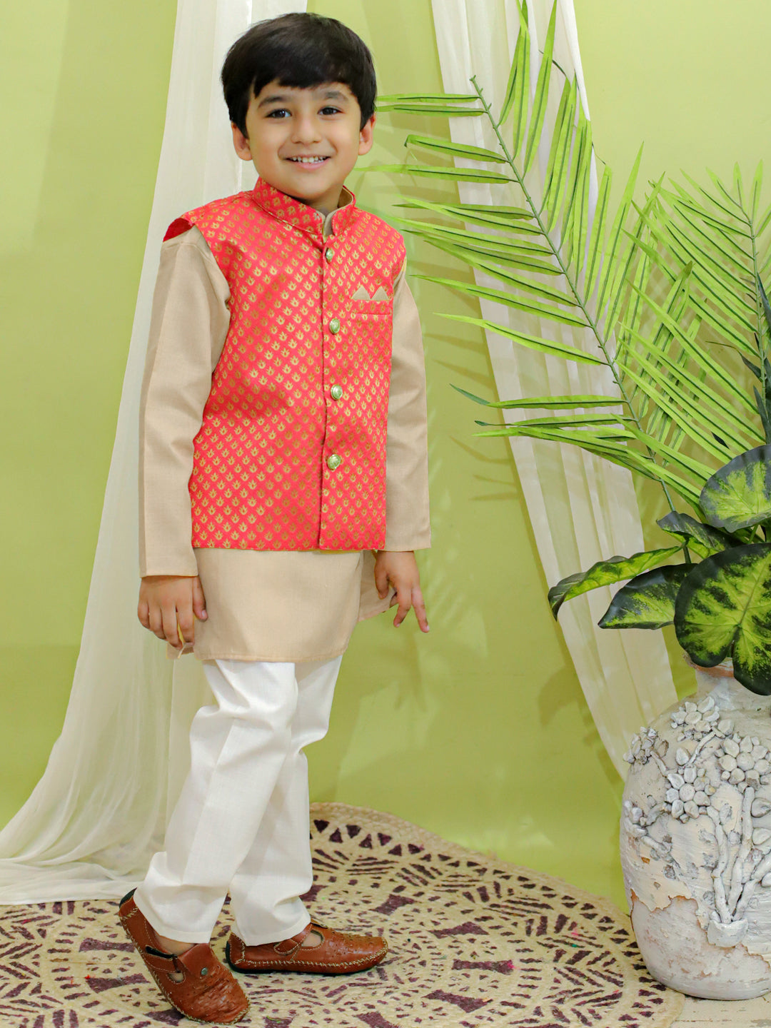 Boy's Coral Silk Kurta Sets - Bownbee