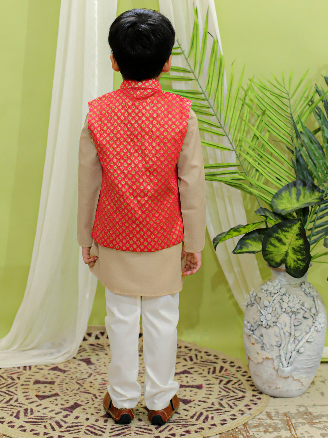 Boy's Coral Silk Kurta Sets - Bownbee