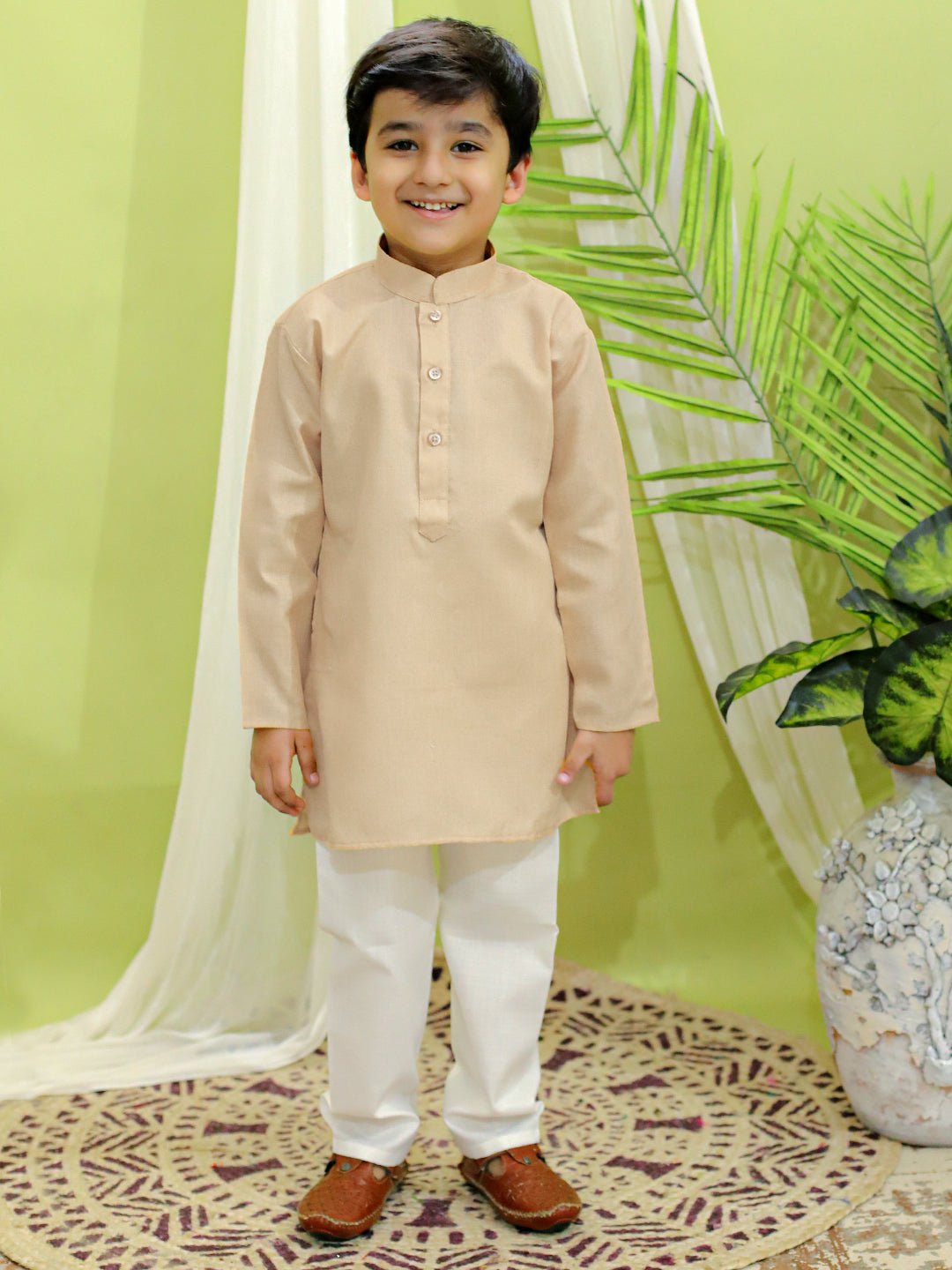 Boy's Coral Silk Kurta Sets - Bownbee