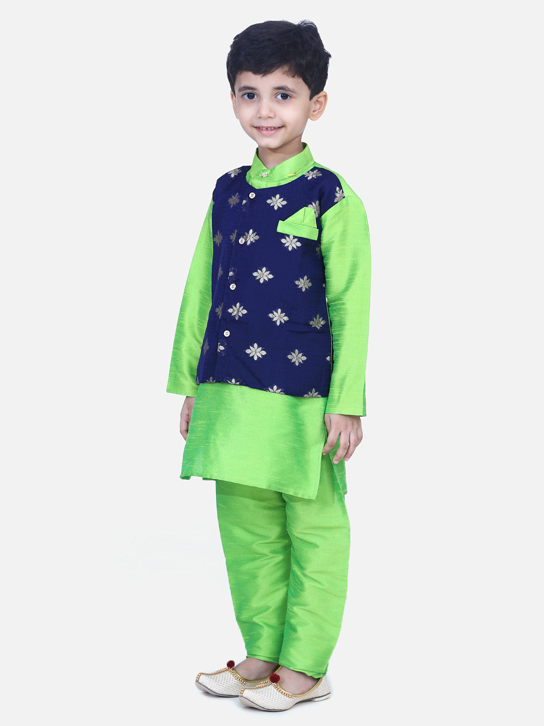 Boy's Green Silk Kurta Sets - Bownbee