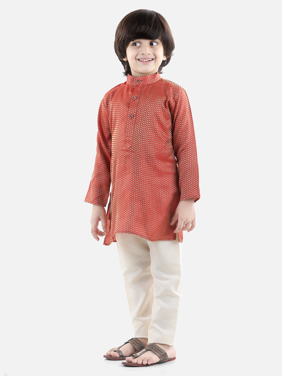 Boy's Red Cotton Kurta Sets - Bownbee