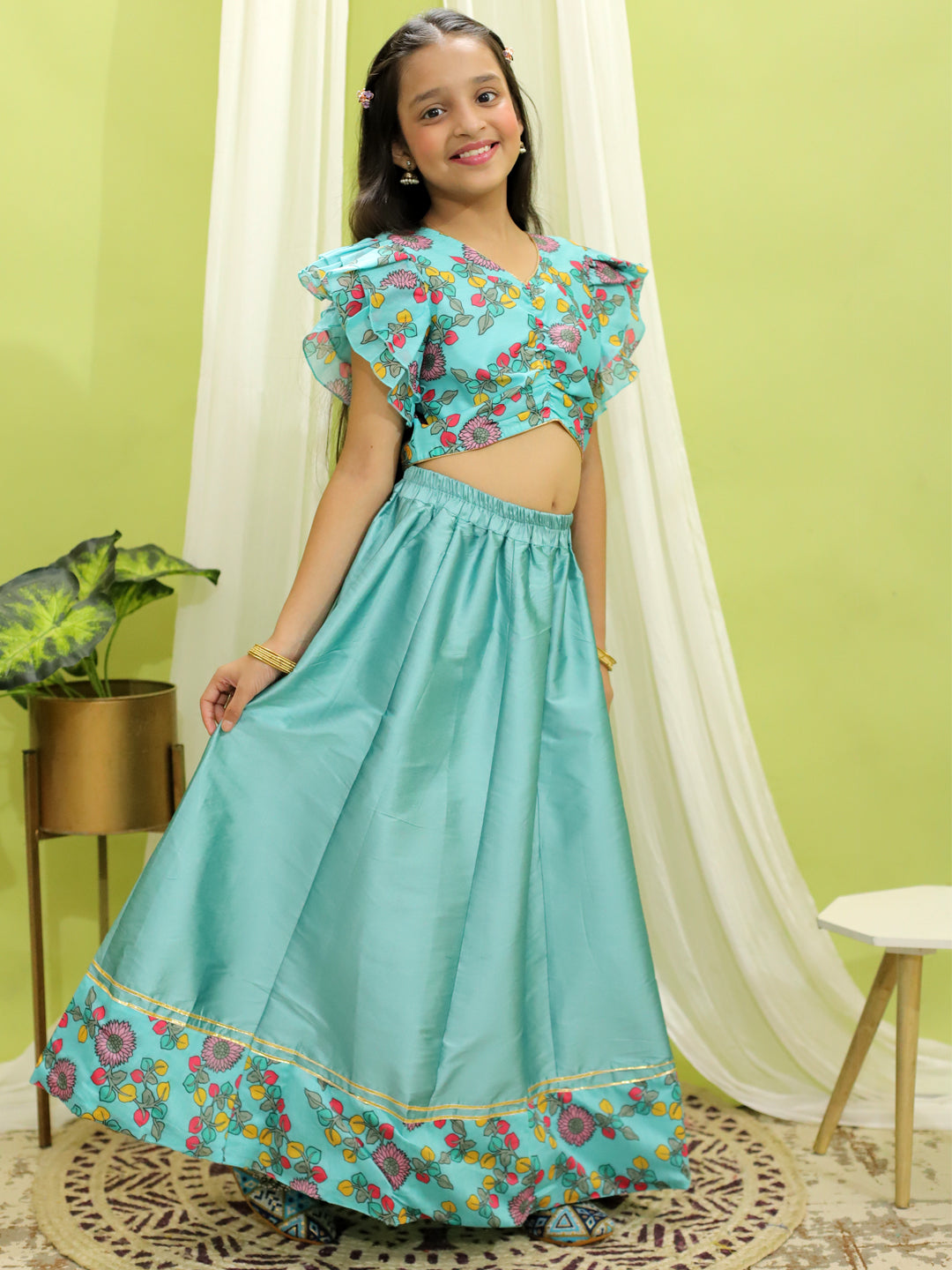 Girl's Cotton Blue Lehenga Sets - Bownbee