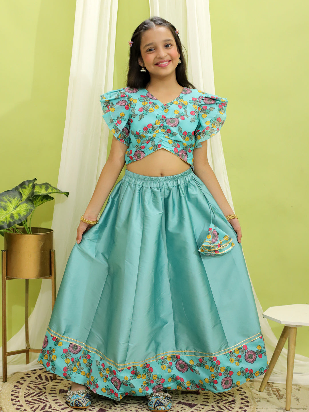 Girl's Cotton Blue Lehenga Sets - Bownbee