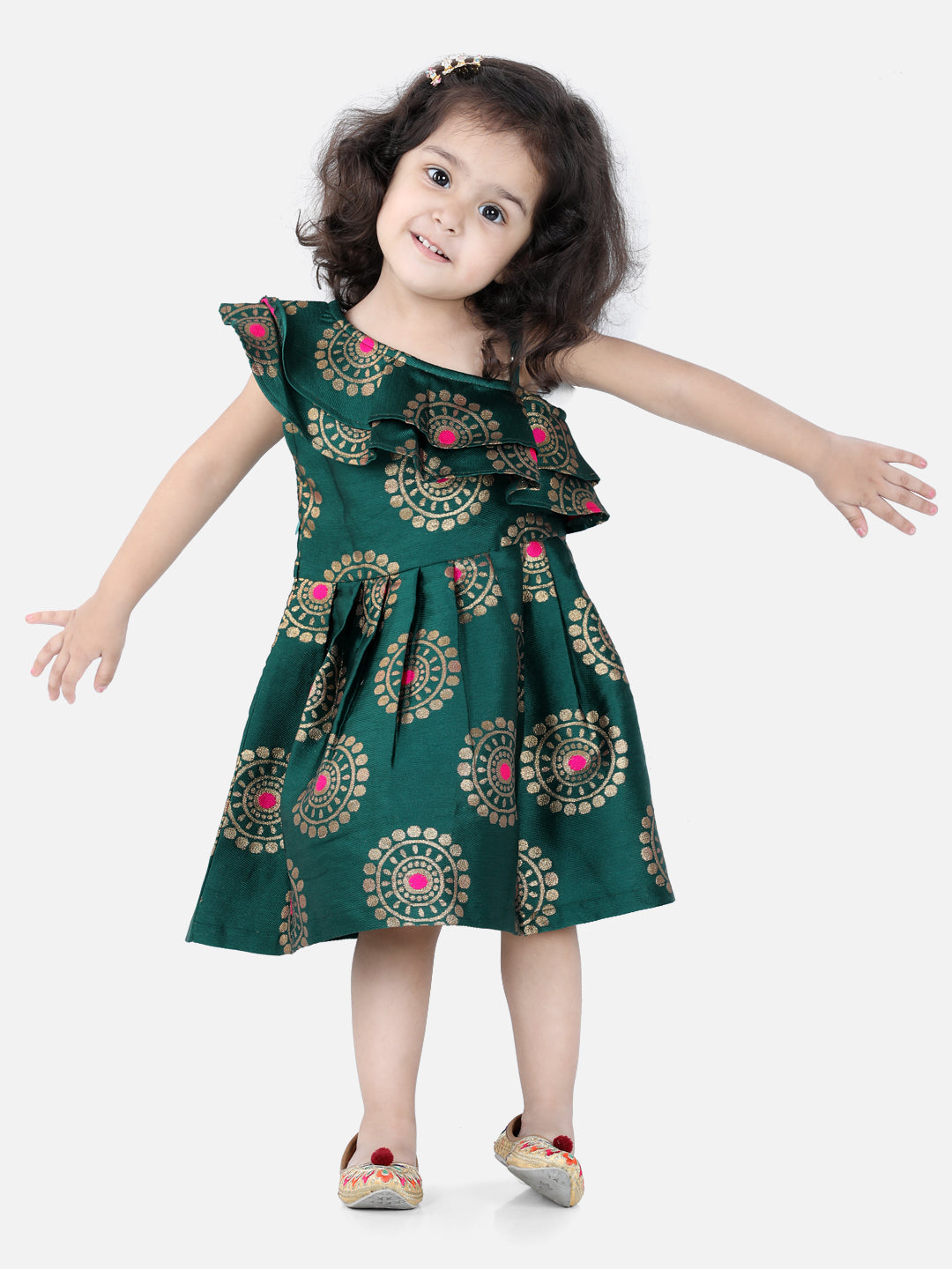 Girl's Green Color One Shoulder Frill Jacquard Frock Party Dress  - NOZ2TOZ KIDS