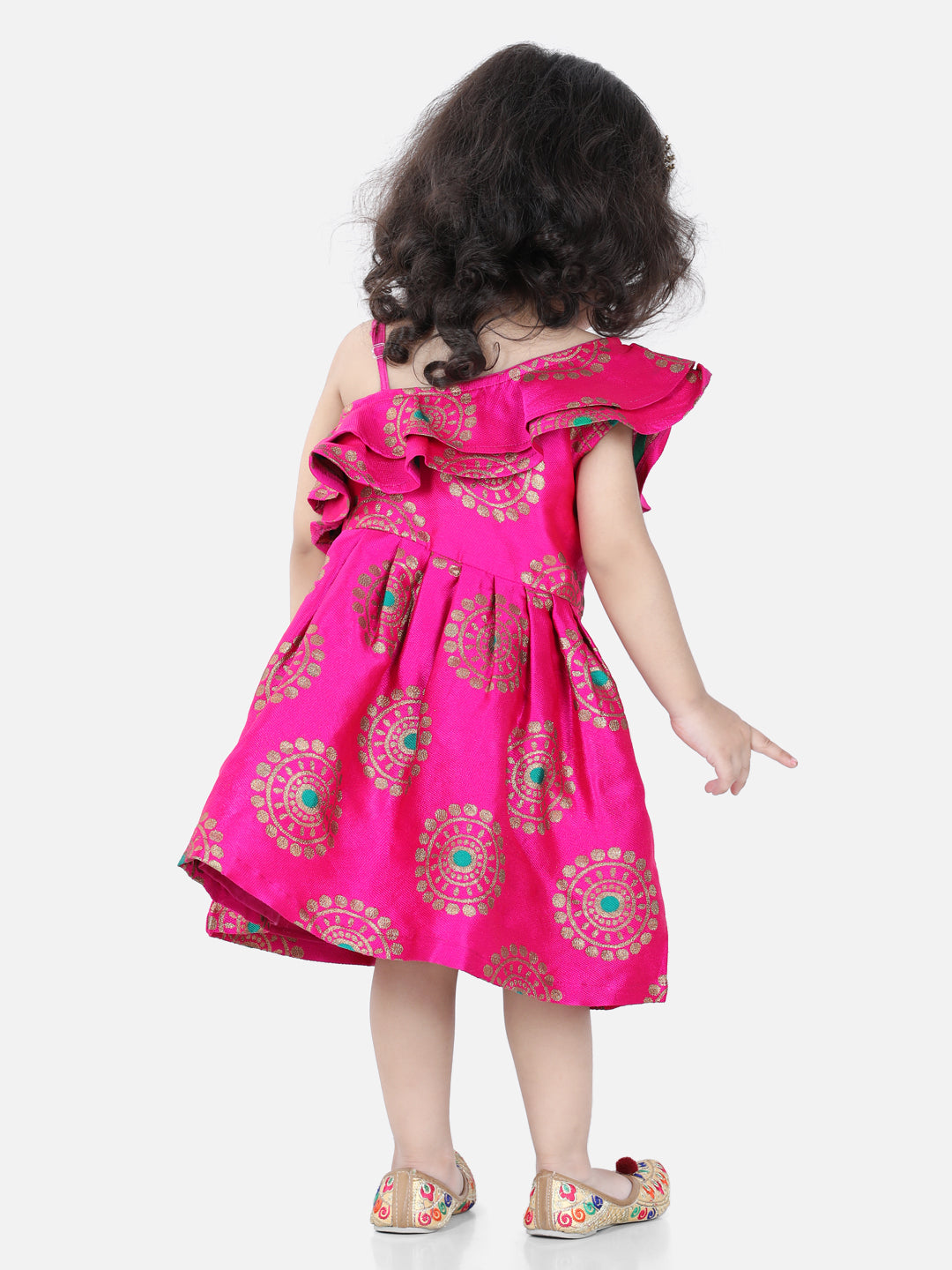 Girl's Pink Color One Shoulder Frill Jacquard Frock Party Dress  - NOZ2TOZ KIDS