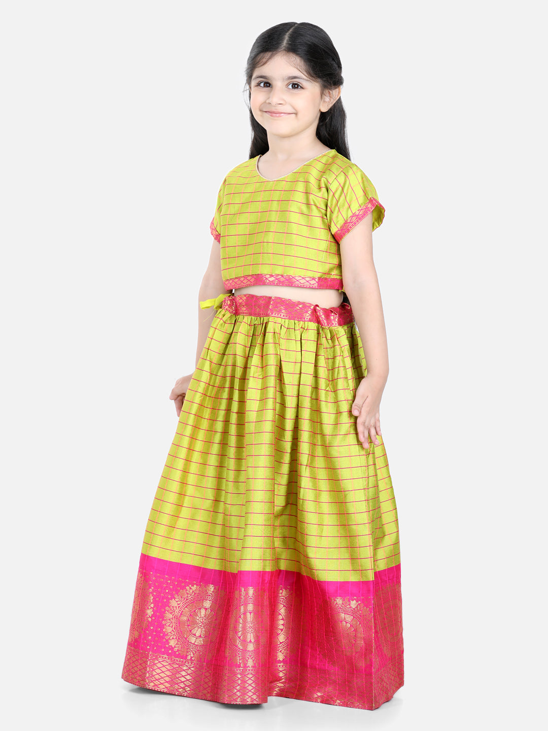 Girl's Yellow Color Half Sleeve South Indian Pavda Pattu Lehenga - NOZ2TOZ KIDS