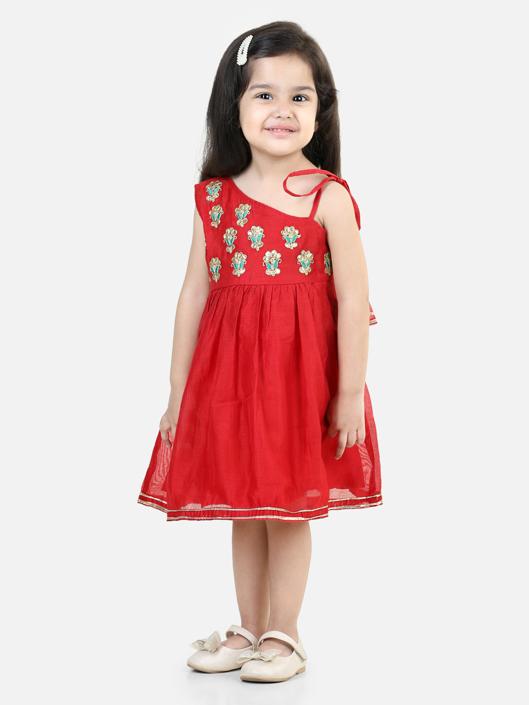 Girl's Chanderi Red Dresses - Bownbee