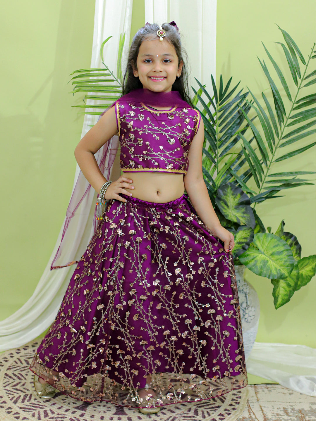 Girl's Wine Ethnic Festive And Wedding Wear Sequin Party Lehenga Choli With Dupatta For - BOWNBEE