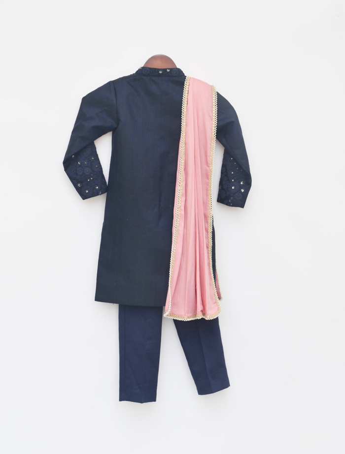 Boy's Blue Silk Ajkan With Pant And Pink Stole - Fayon Kids