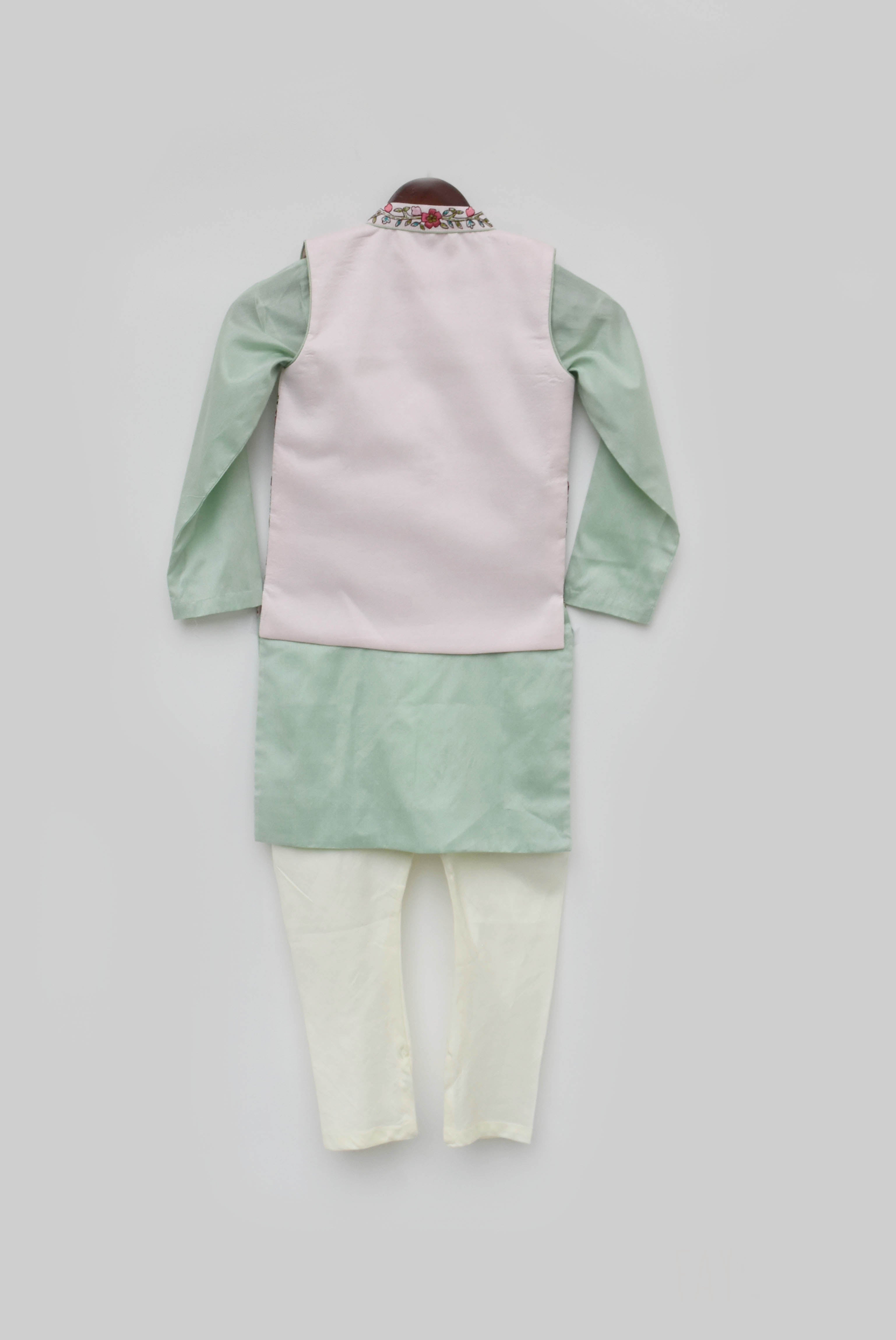 Boy's Pink Embroidery Jacket And Silk Kurta Churidar - Fayon Kids